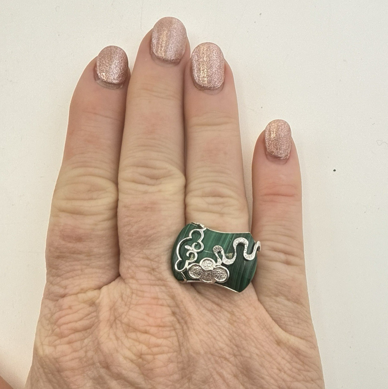 JTV Sterling Silver Ring Green Malachite size 8 Modern Modernist 925 Artisan