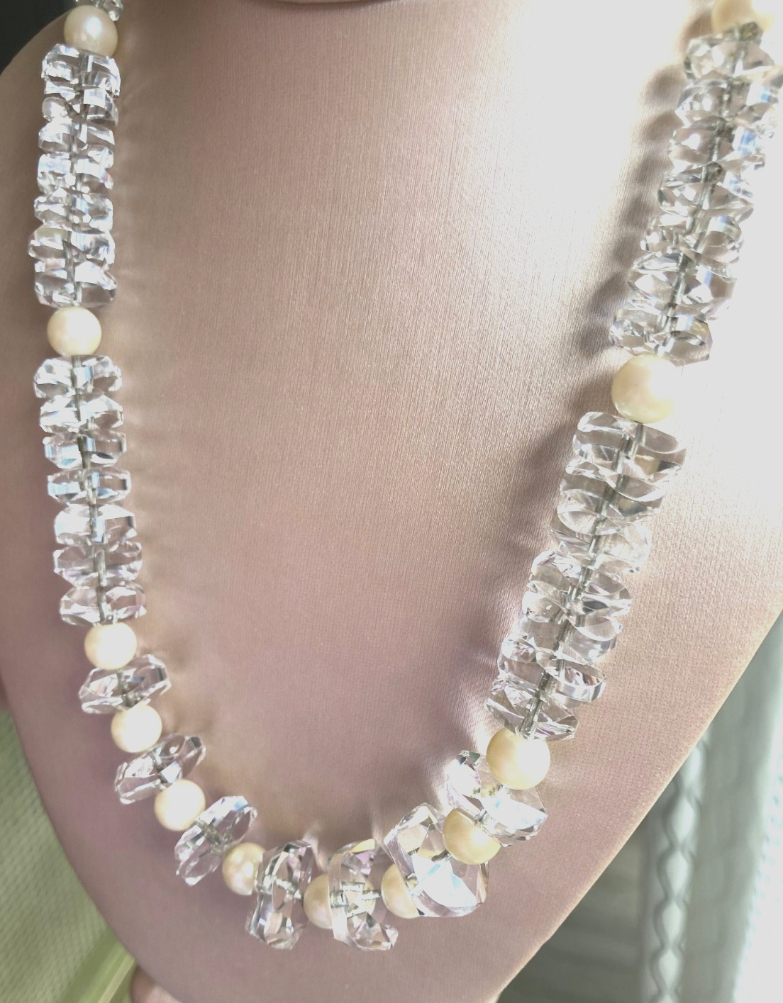 Vtg ROCK CRYSTAL Art Deco Necklace w/Pearls, Amazing Faceted Crystals 100.4grams