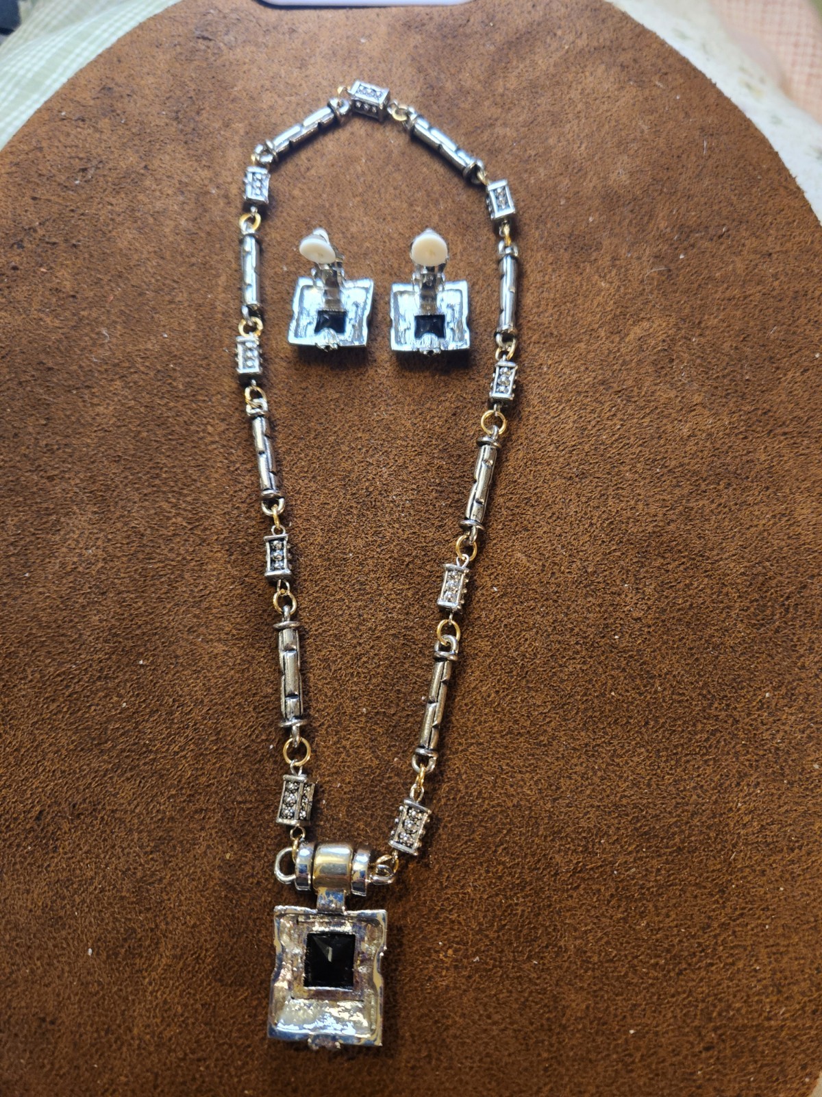 Vintage Statement Earrings And Necklace Set Silver Tone With Black Center