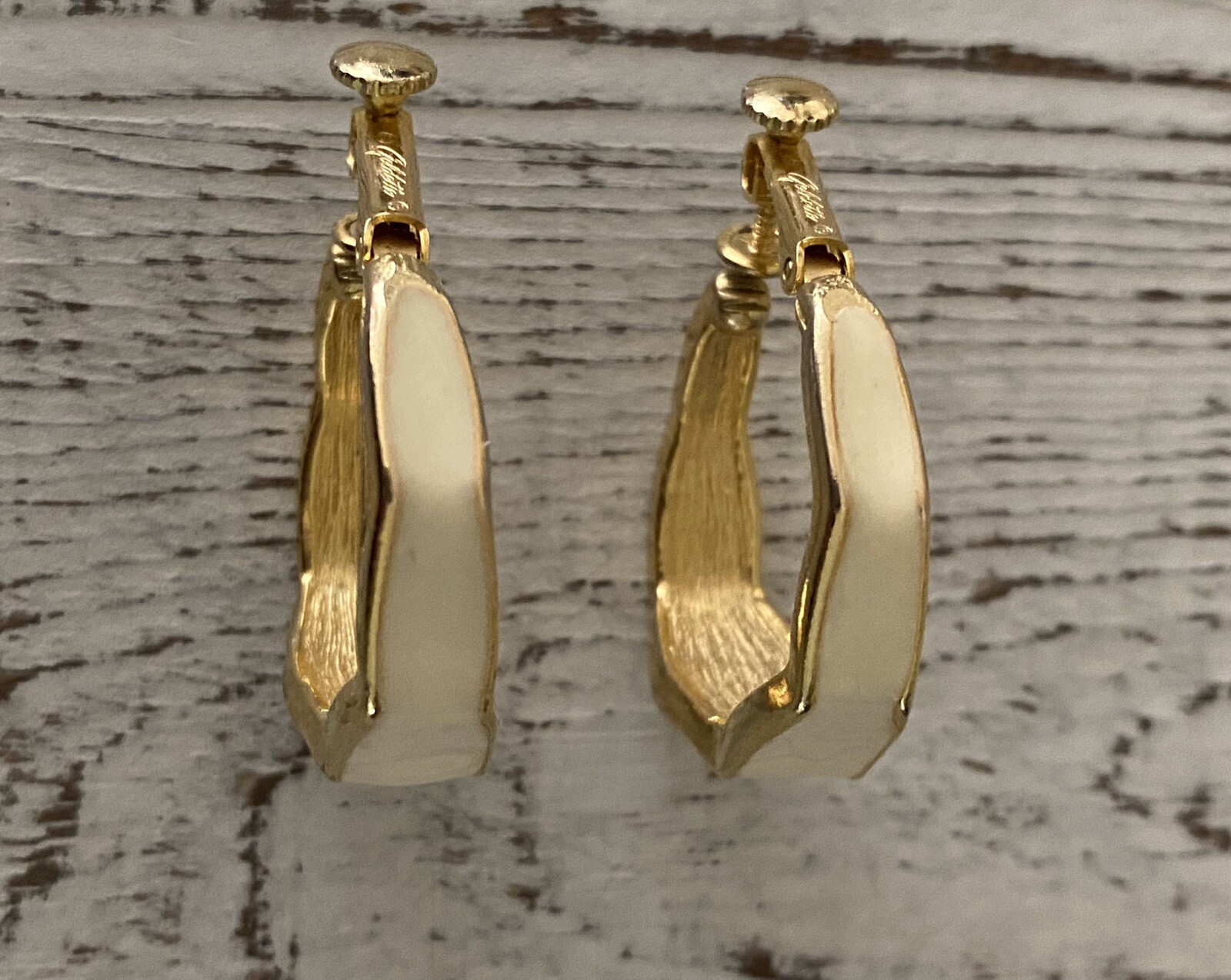 Goldette Earrings Creme Ivory Enamel Gold Tone Screw Back Vintage 1960s