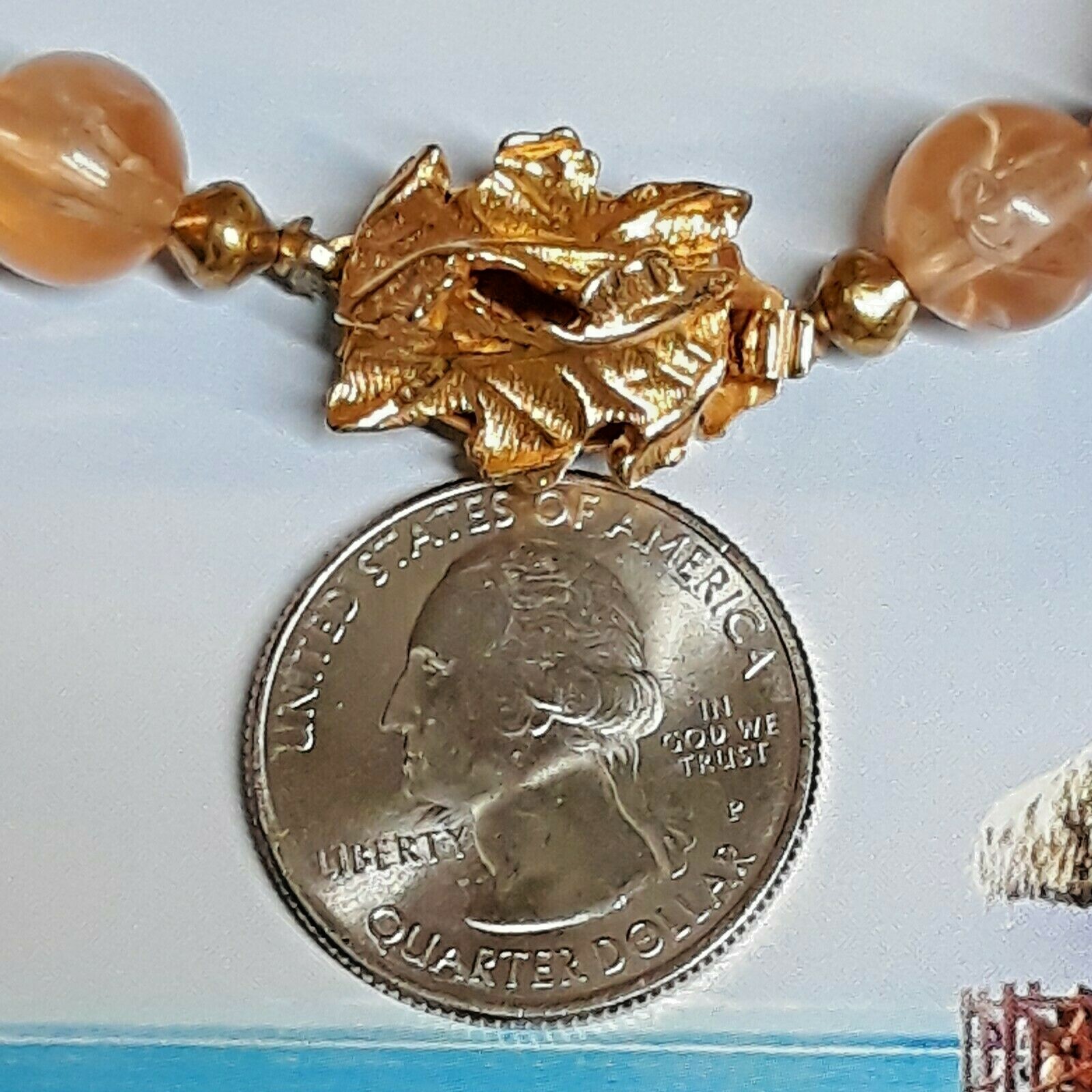 Peach and Tan Wood and Lucite Bead Necklace with Gold Tone Filigree Accent Beads