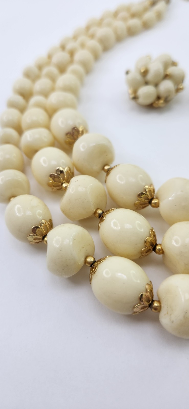 3 Strand Ivory and Gold Acrylic Bead Necklace Clip Earrings Set 1950s Hong Kong