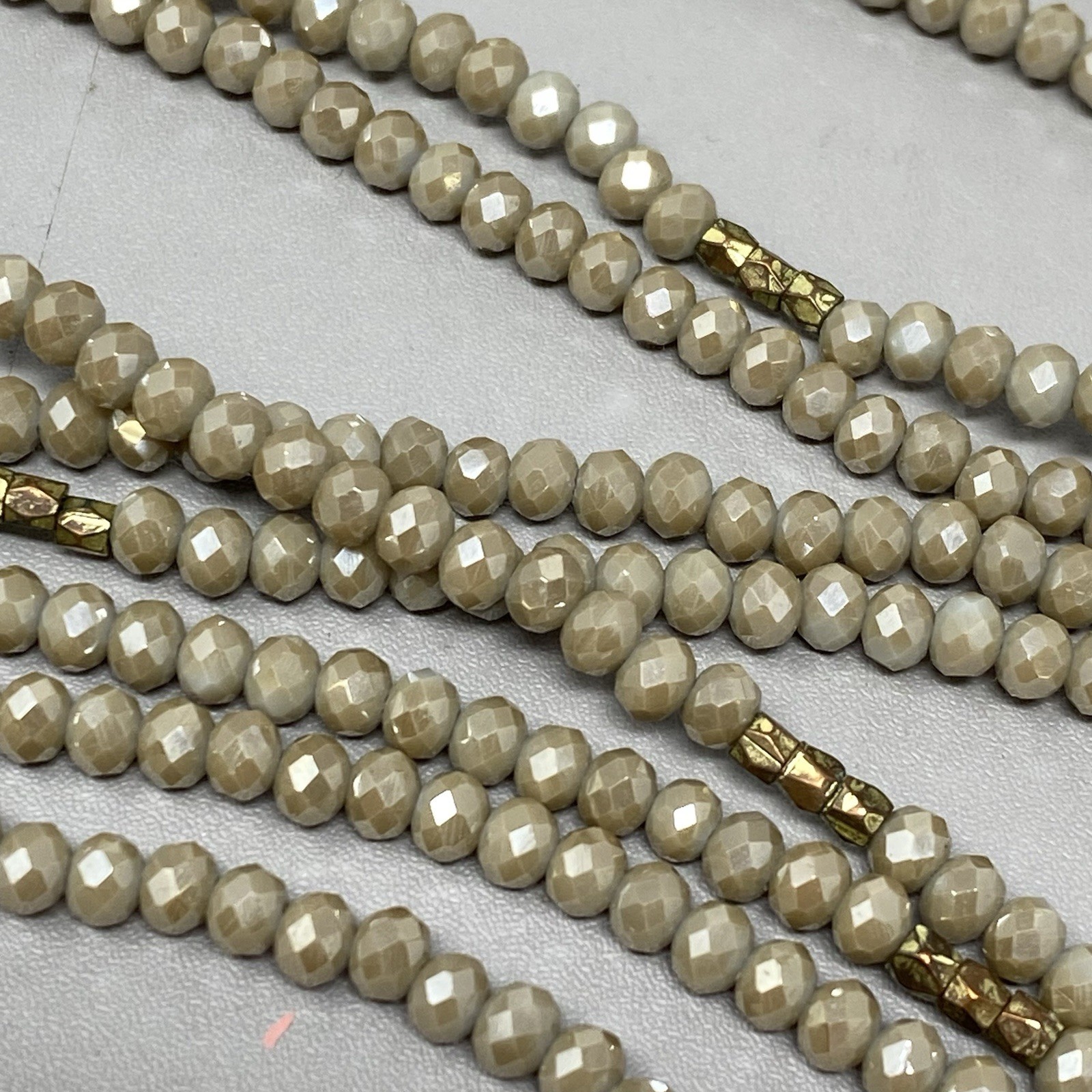 Cream Fire Polished Glass Bead Necklace Surface Coated Long Tan Faceted 60″
