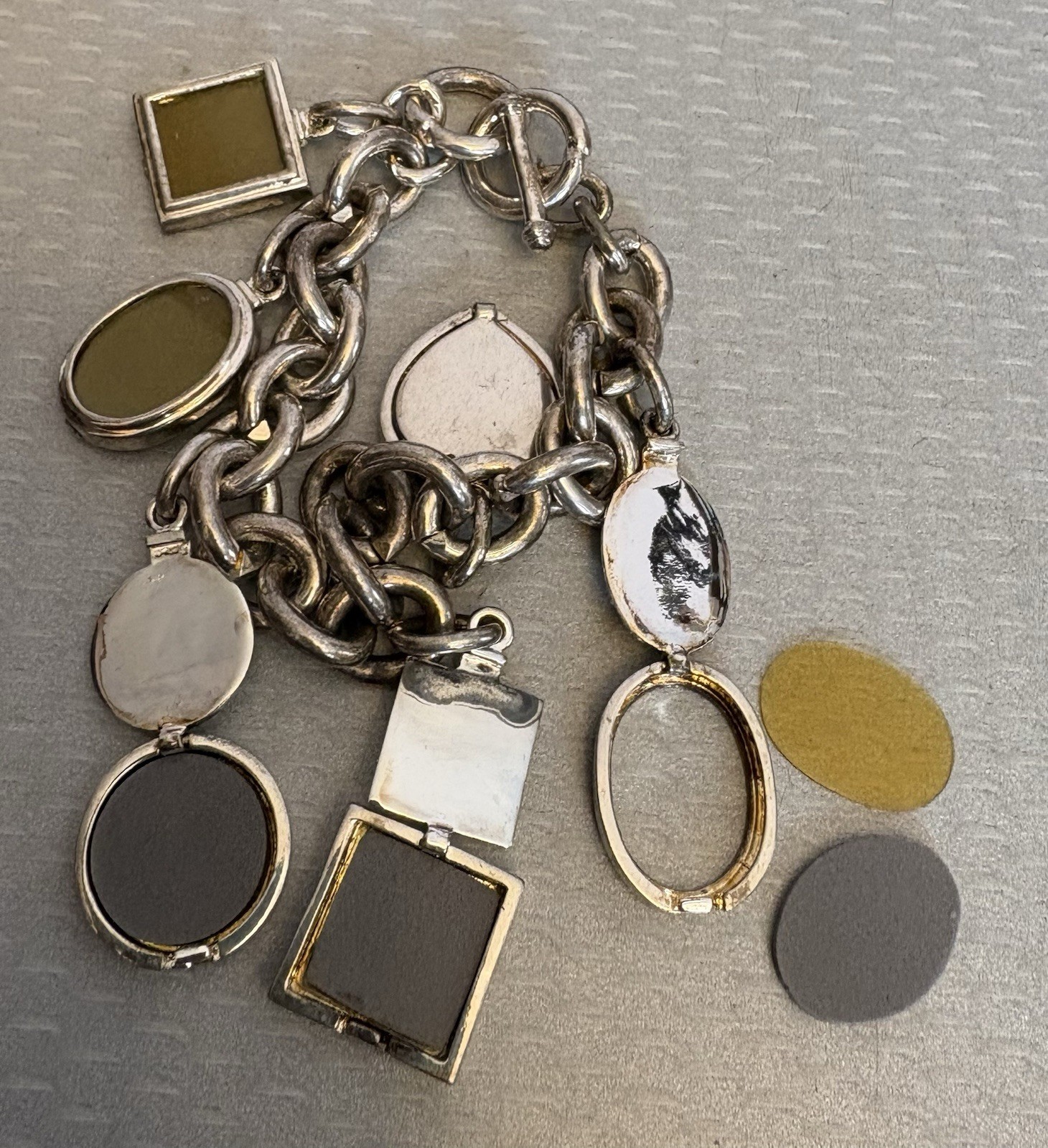Vintage Photo Locket Charm Bracelet Silverplated Toggle 8” Heart Oval Square 6P