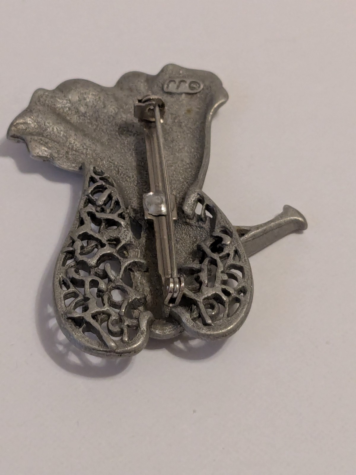 JJ Jonette Vintage Silver Tone Pewter Angel & Horn Brooch With Rhinestone 2.5″.