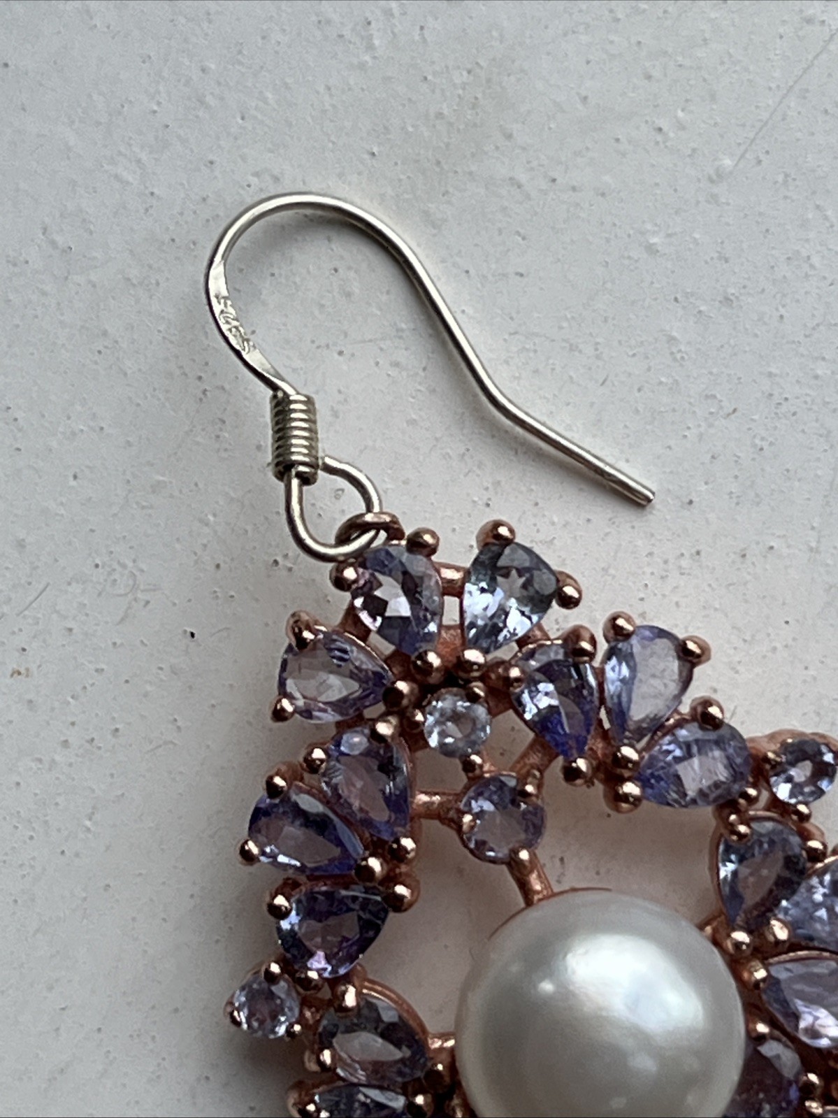 Vintage Tanzanite Real Pearl Dangle Drop Earrings 925 Wire Pierced 1.75” Classic