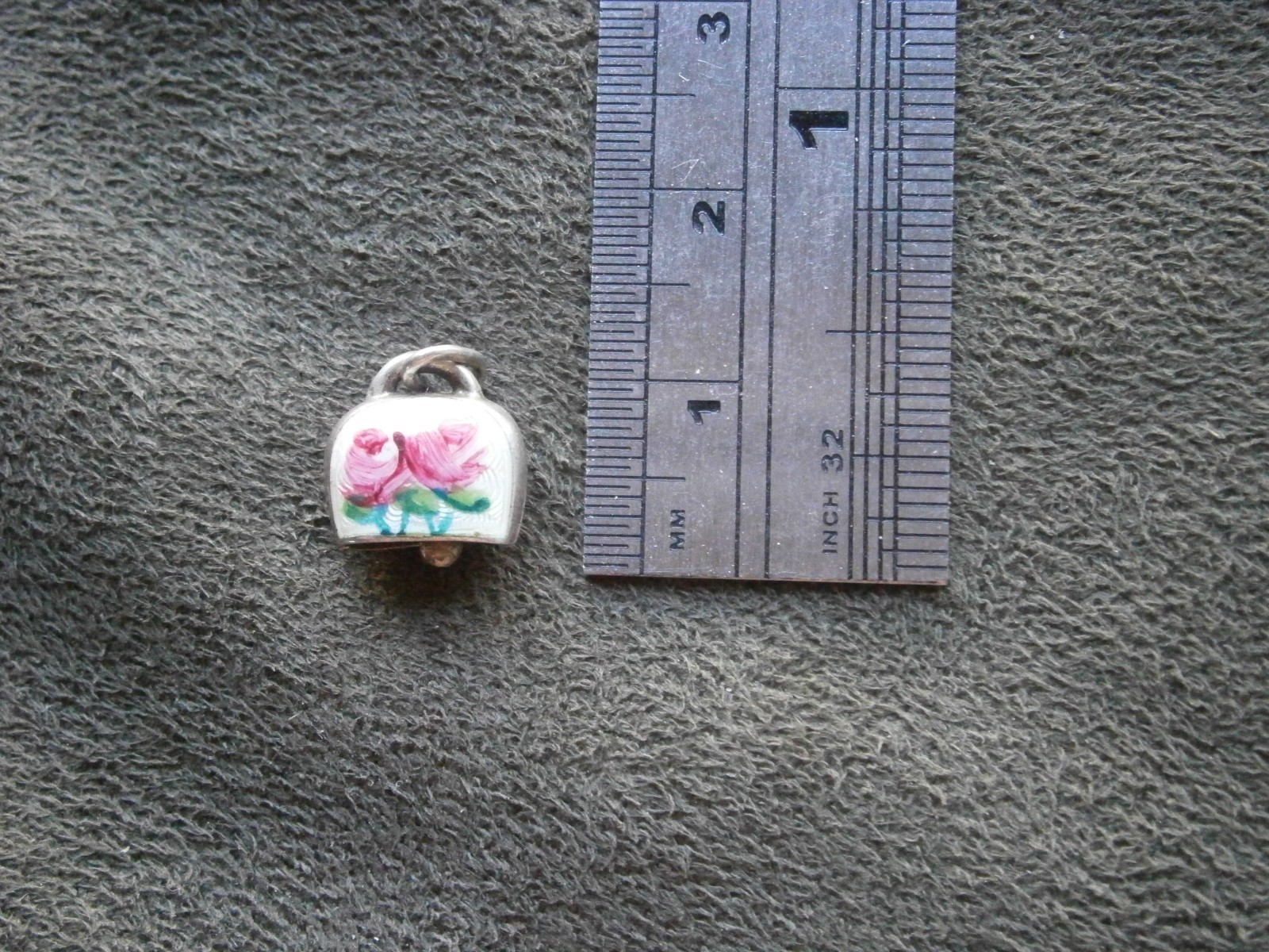 TINY Rose Flowers Cow Bell Vintage 800 Silver Guilloche Enamel Charm Pendant