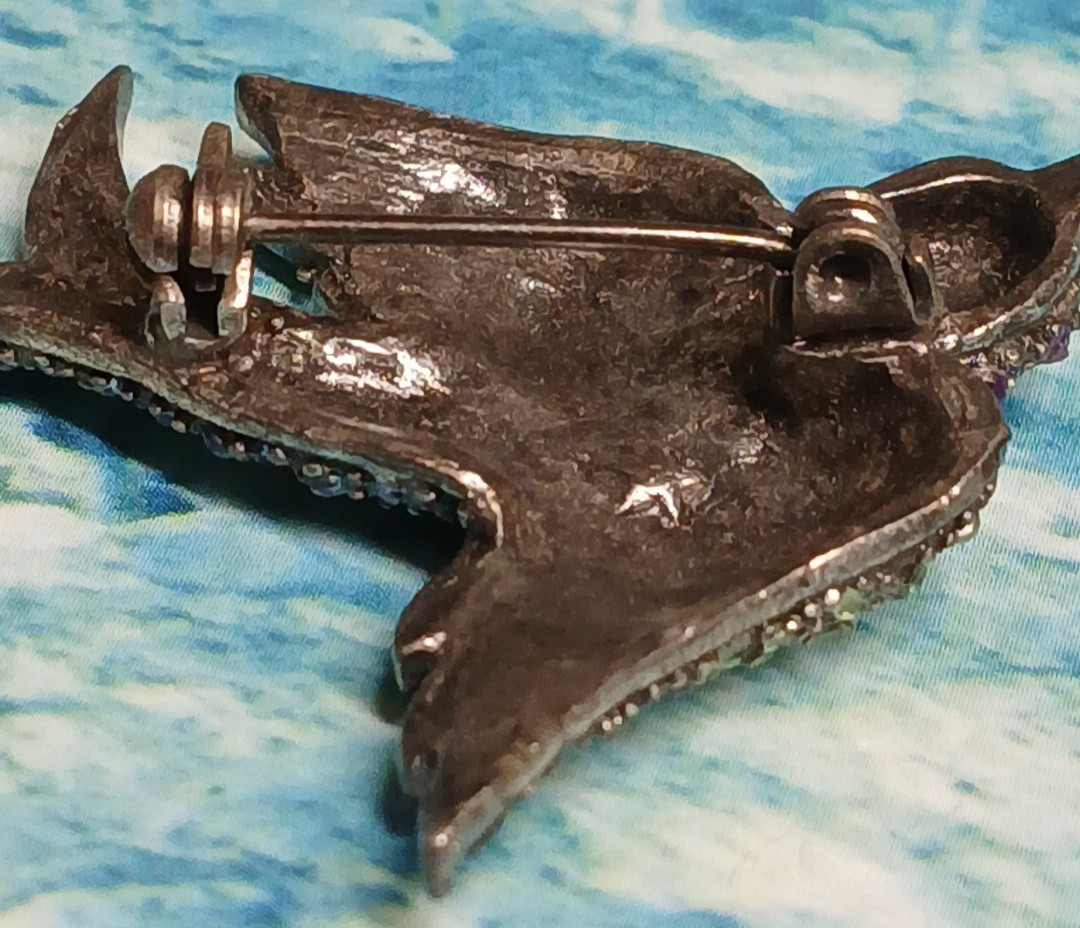 Vintage Silver Tone Sparrow Brooch Adorned w/Green Purple and Blue Rhinestones
