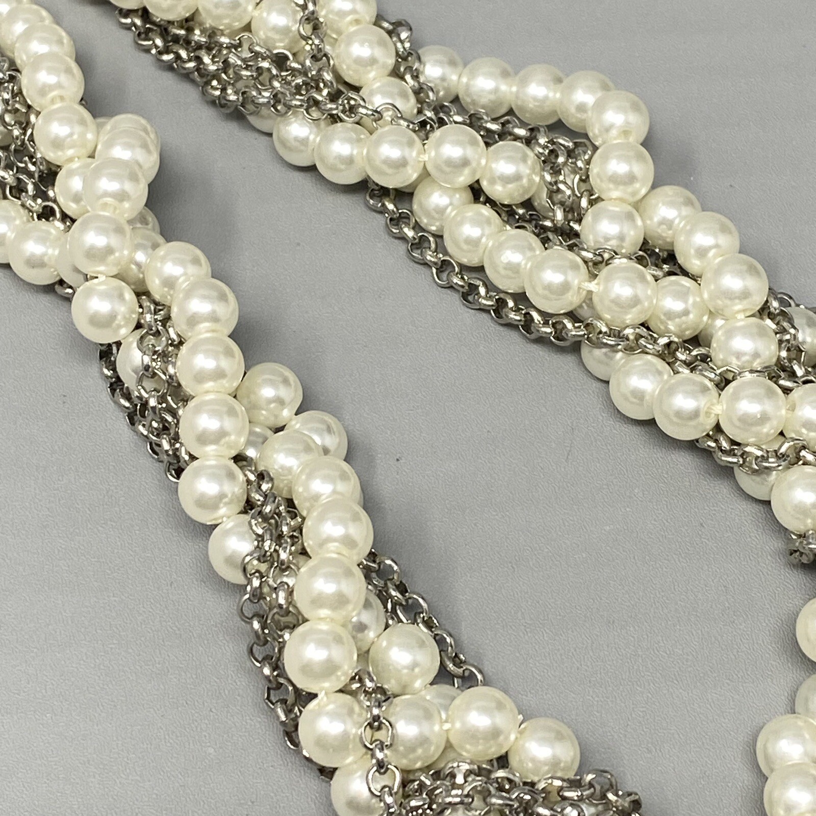 Sugarfix Baublebar Necklace Torsade Imitation Pearl Silver Tone Chain Twist 21″