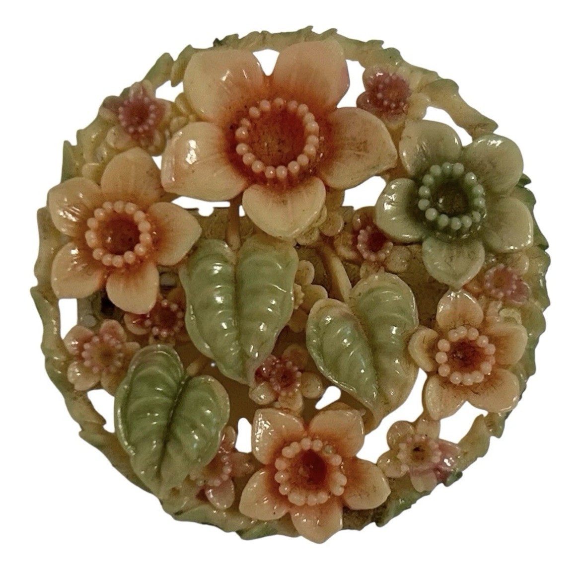 1940’s Pink And Green Celluloid Cluster Flower Brooch – Pin – Vintage Jewelry