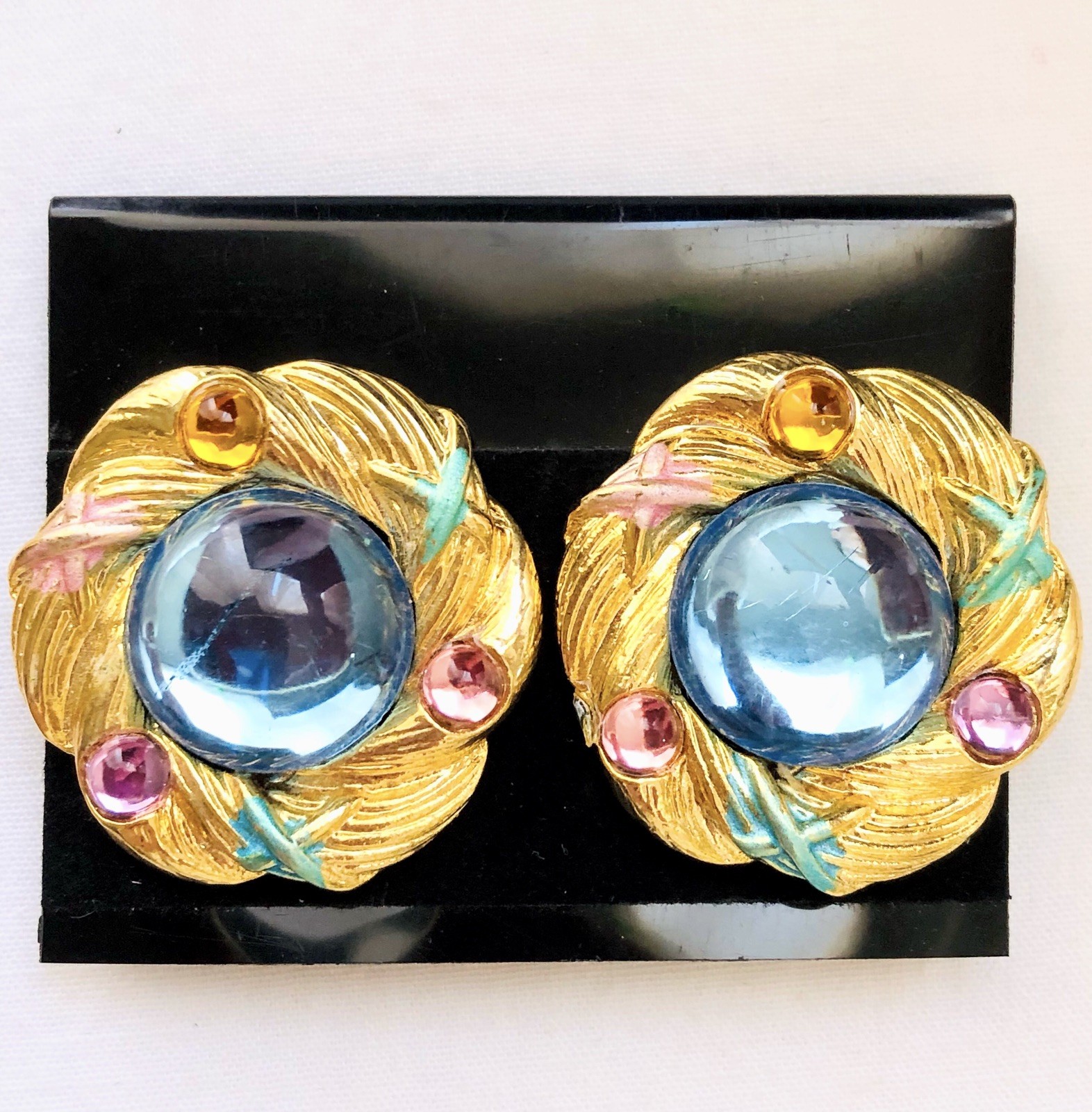Vintage Blue Gripoix Glass Cabochon Clip On Flower Earrings