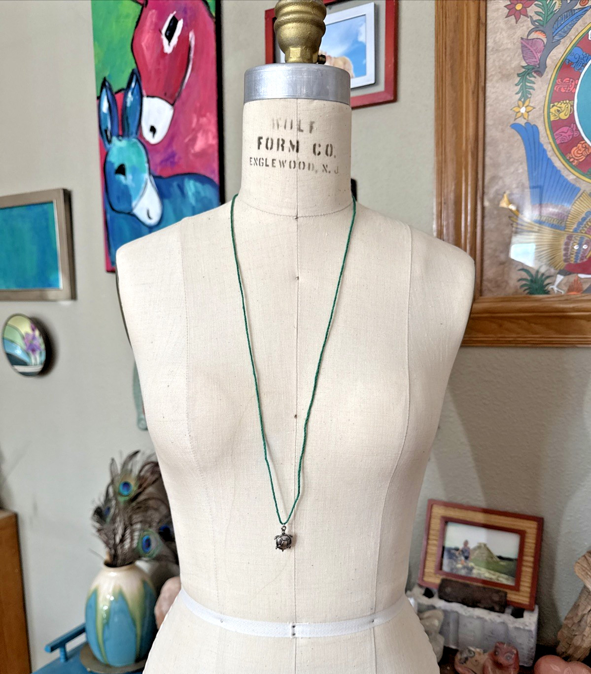 TURTLE CHARM Dainty Necklace Hemp Cord Boho Beach Ocean Tibetan Silver Tone