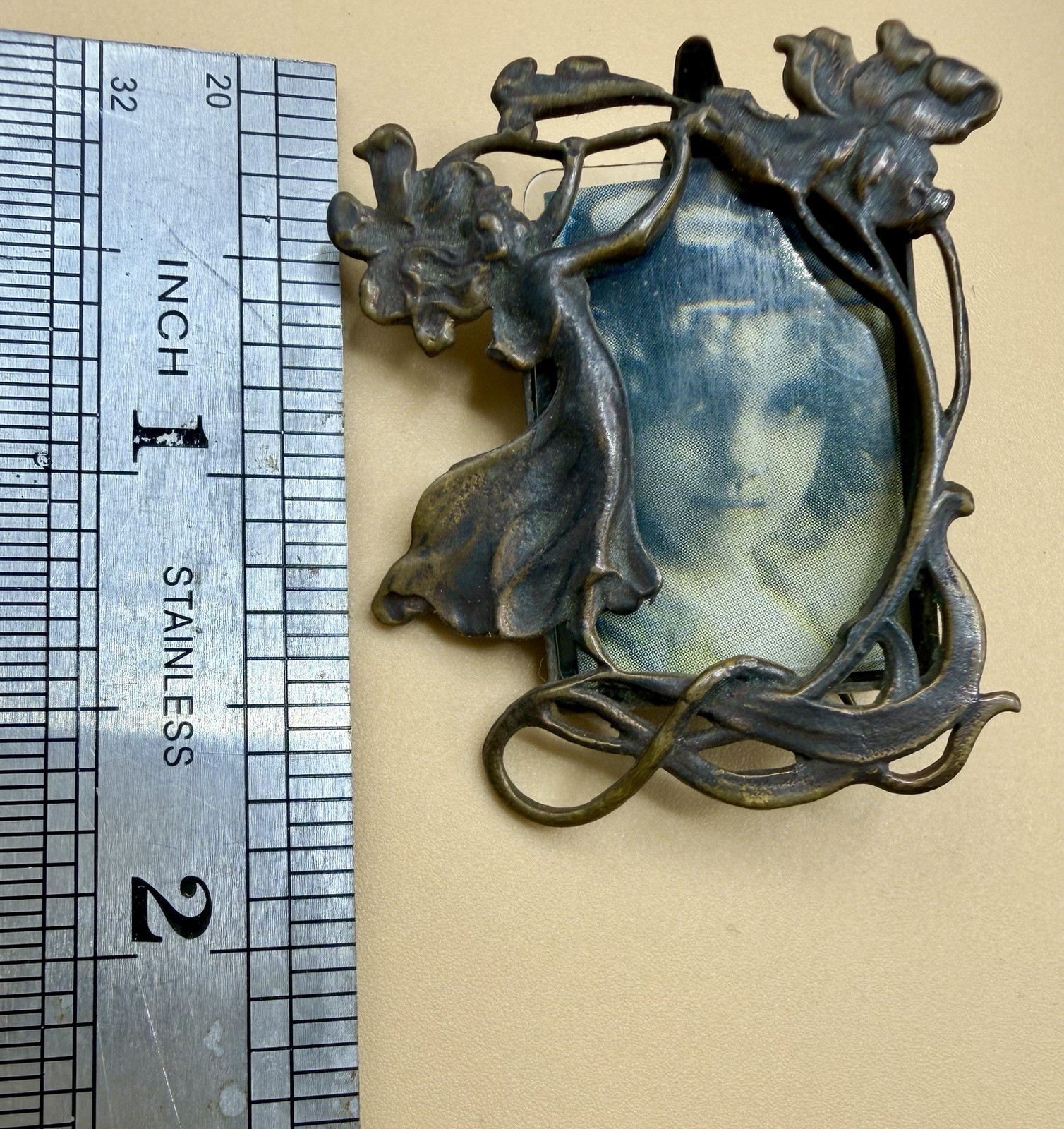 Vintage Art Nouveau Portrait Brooch Floral Brass Lady Pin Estate Jewelry