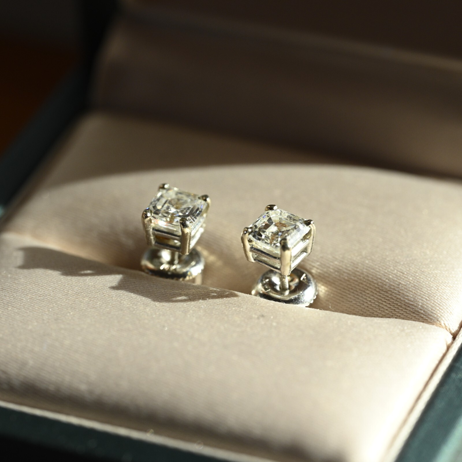 1.52 CTW Diamond Earrings Asscher VS1 E-F Excellent Cut 14k White Screw Stud