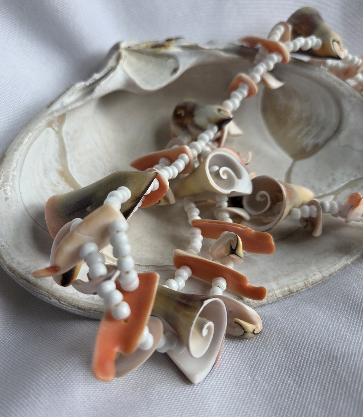 VTG Shells And Glass Beads Double Sided Boho Artisan Eco Nature Summer Necklace