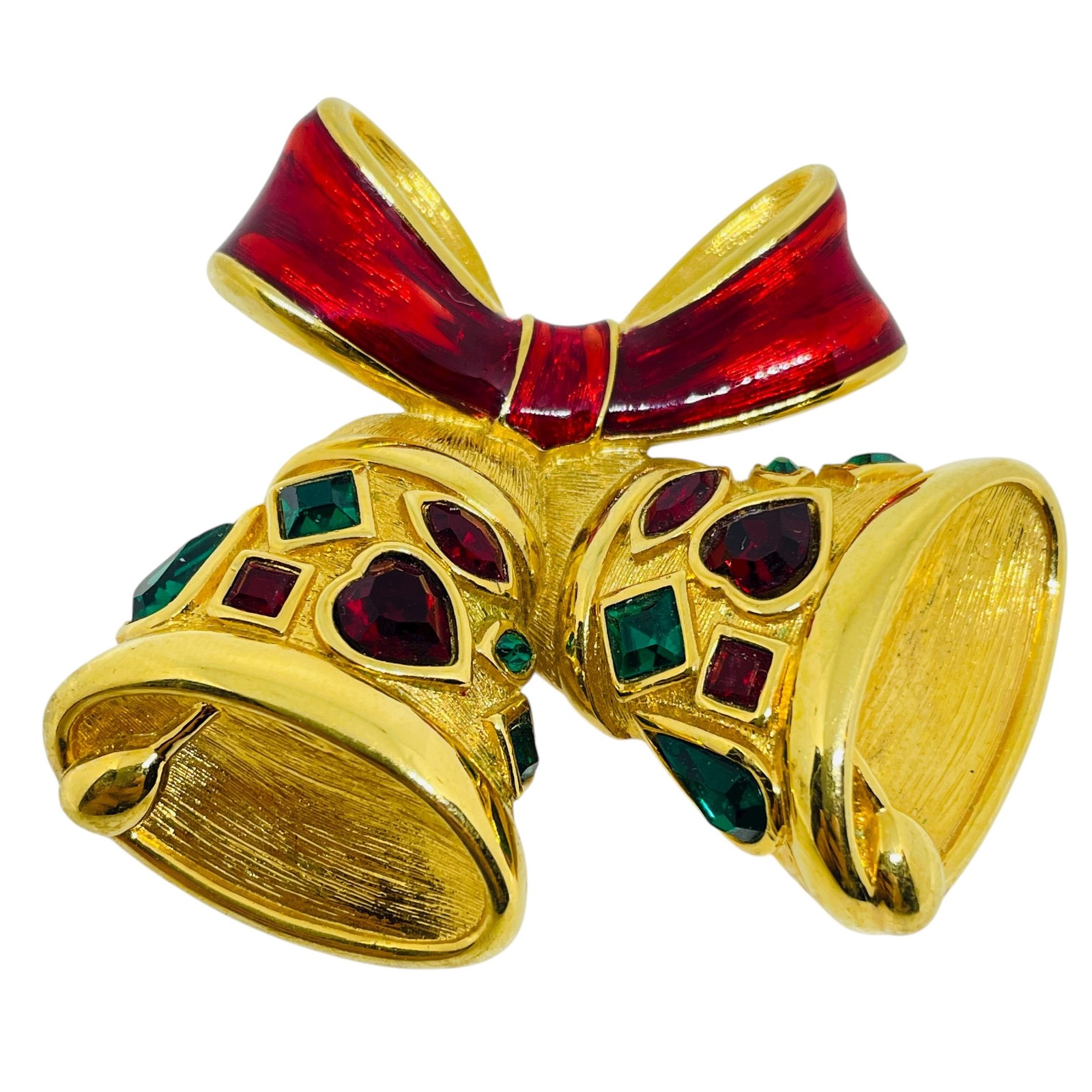 Vintage gold tone rhinestones enamel Christmas holiday bells bow designer brooch