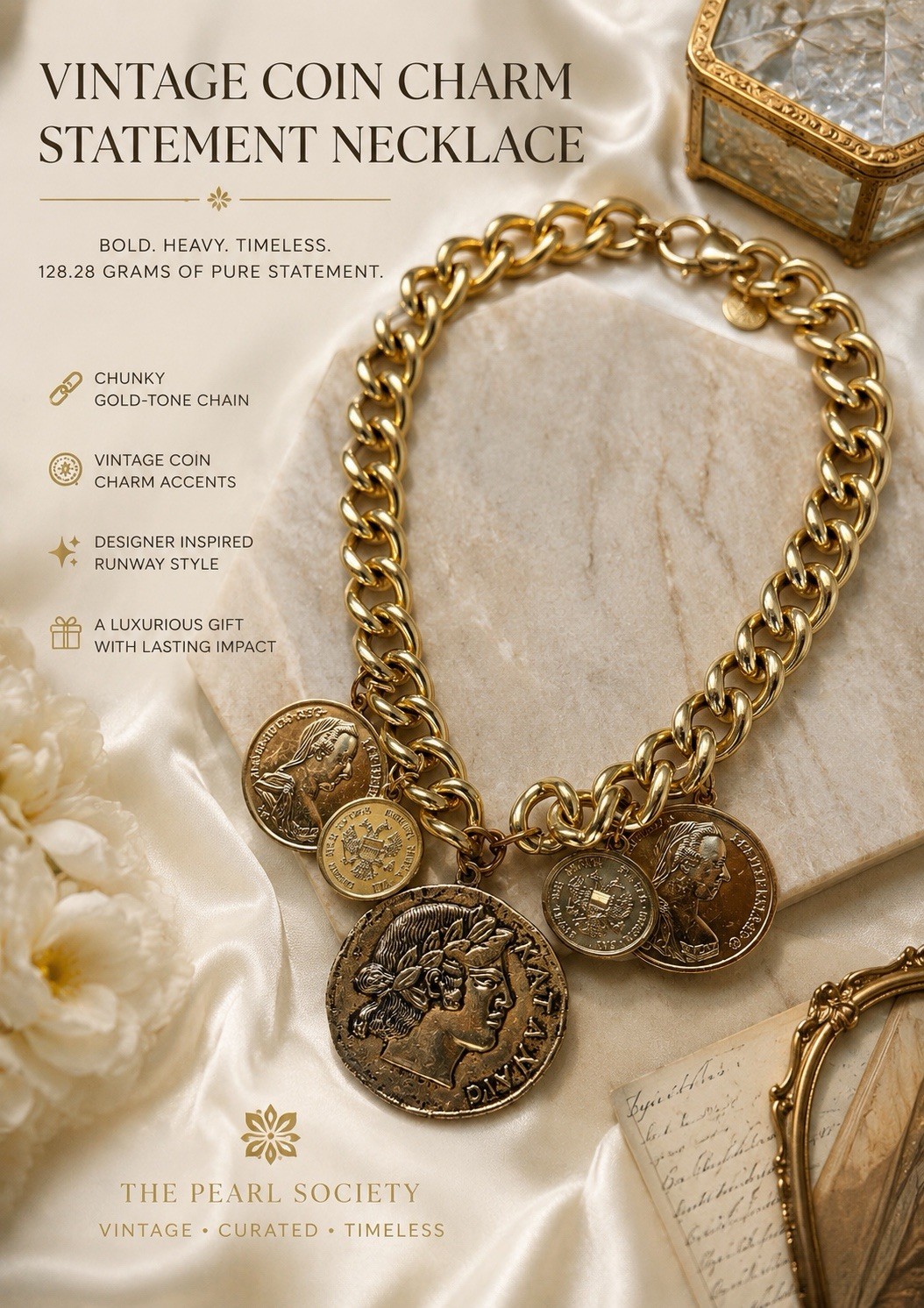 Vintage Heavy Chunky Gold Tone Roman Coin Necklace 128g Runway Statement Jewelry