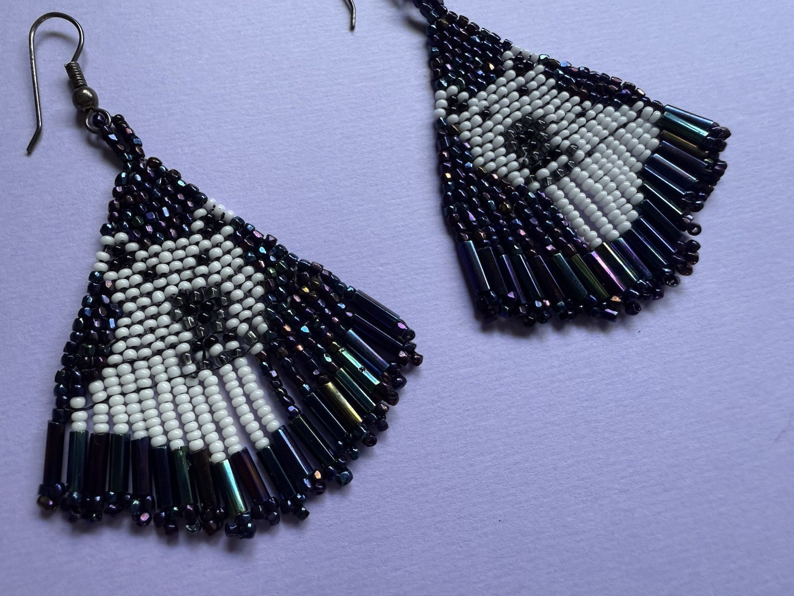 Vintage Polar Bear Glass Woven Sead Bead Dangle Tassel Long AB Black Earrings