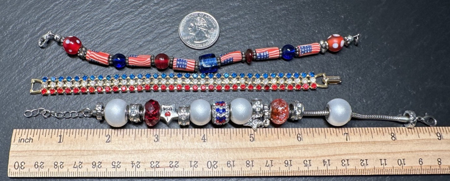 THREE DIFFERENT VINTAGE PATRIOTIC RED WHITE BLUE BRACELETS H901
