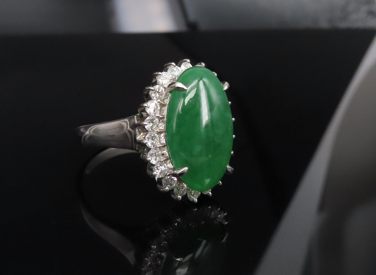 5.95ct Natural Green Jadeite Jade 0.75ct Diamond Platinum Ring Size 8.5