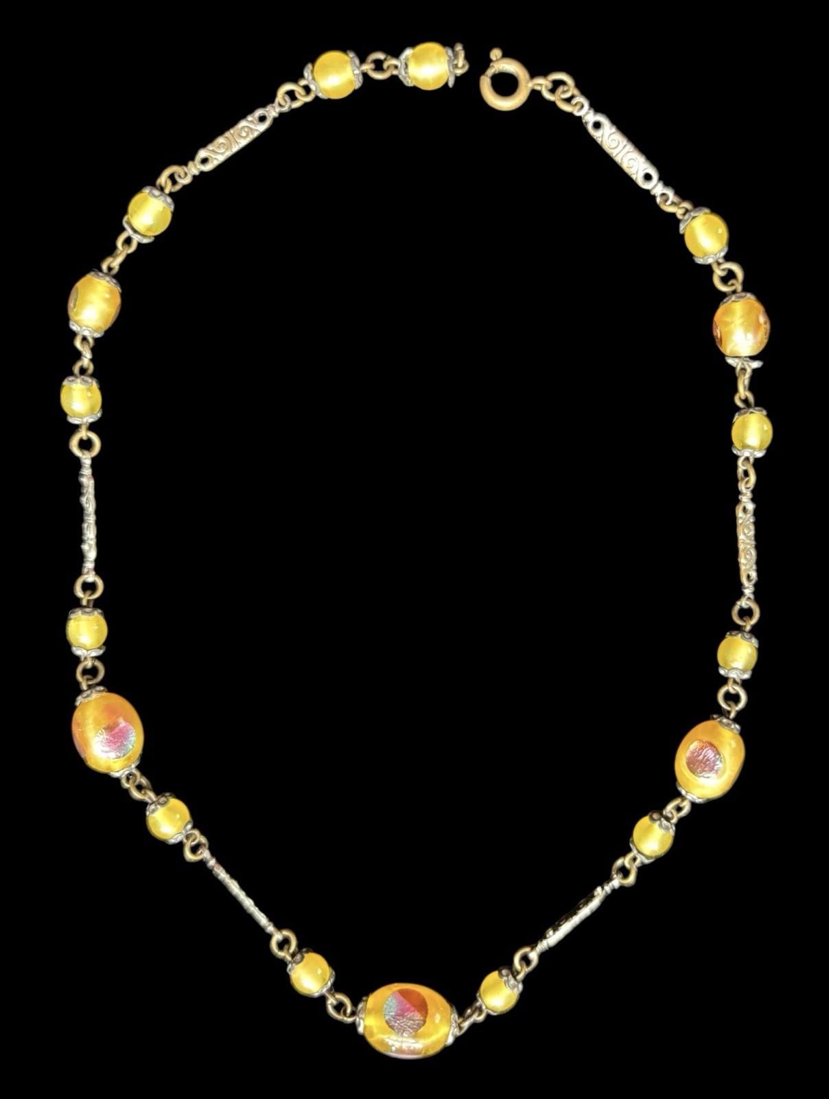 Antique Peacock Eye Foil Glass Uranium Glass Choker Necklace 16”