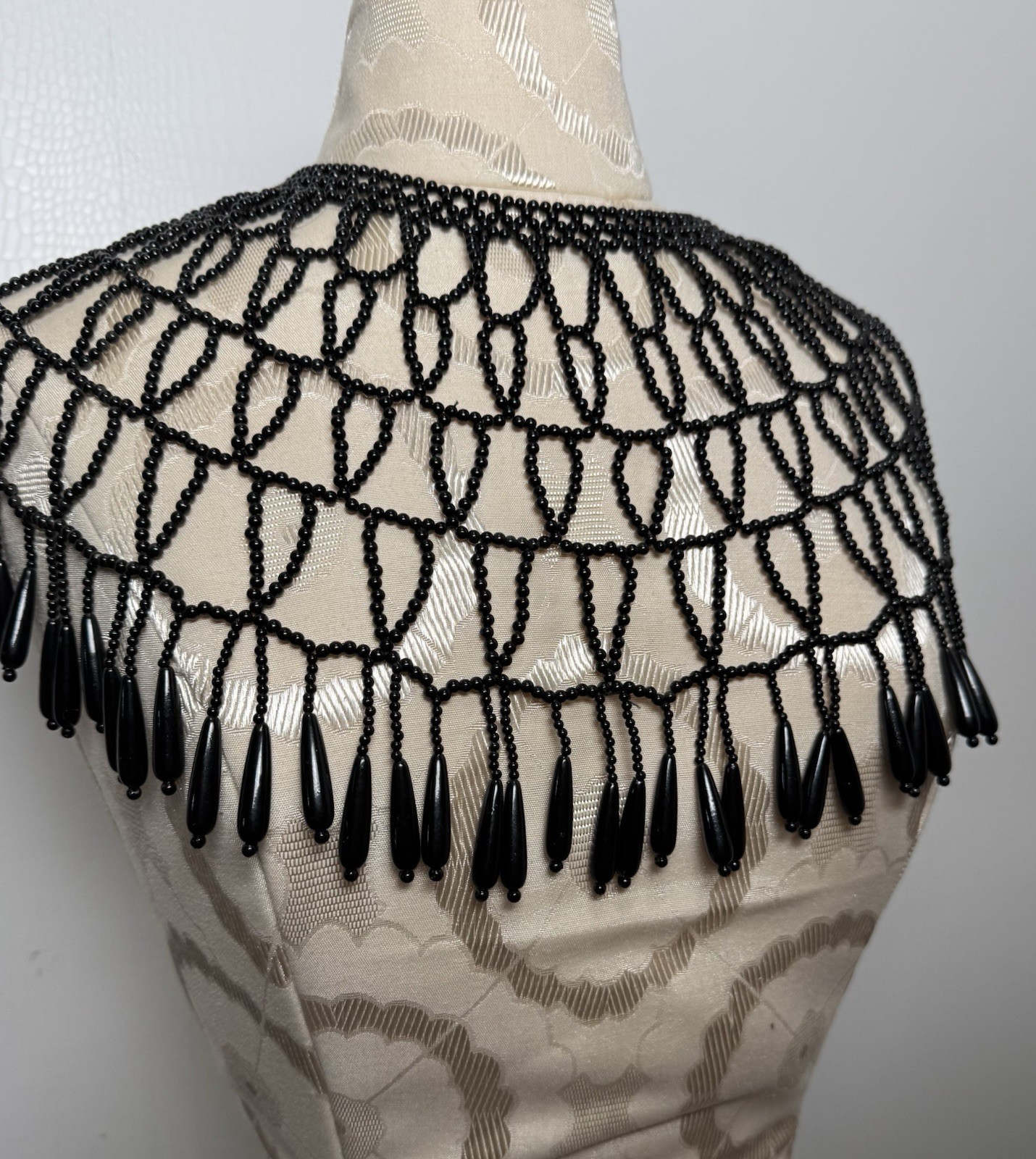Vintage Black Beaded Collar Necklace Fringe Bib Capelet Statement Festival
