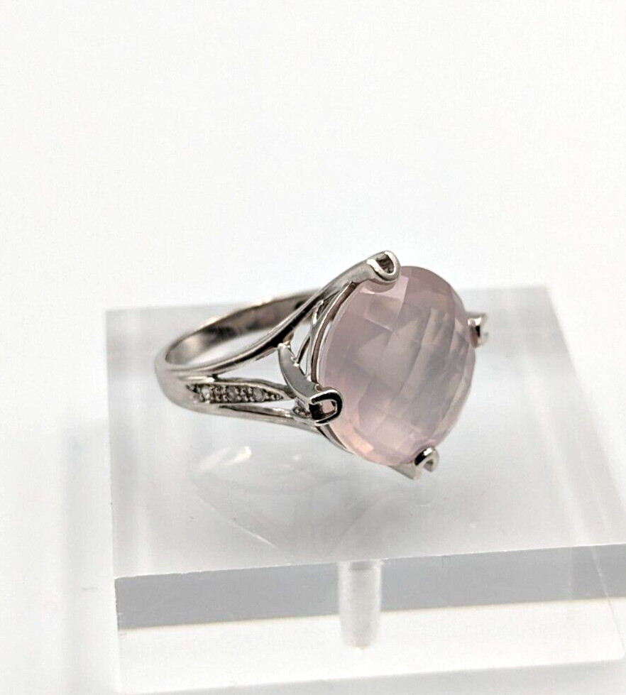 Sterling Silver 925 Checkerboard Cut Pink Chalcedony Clear Topaz Ring Sz 6