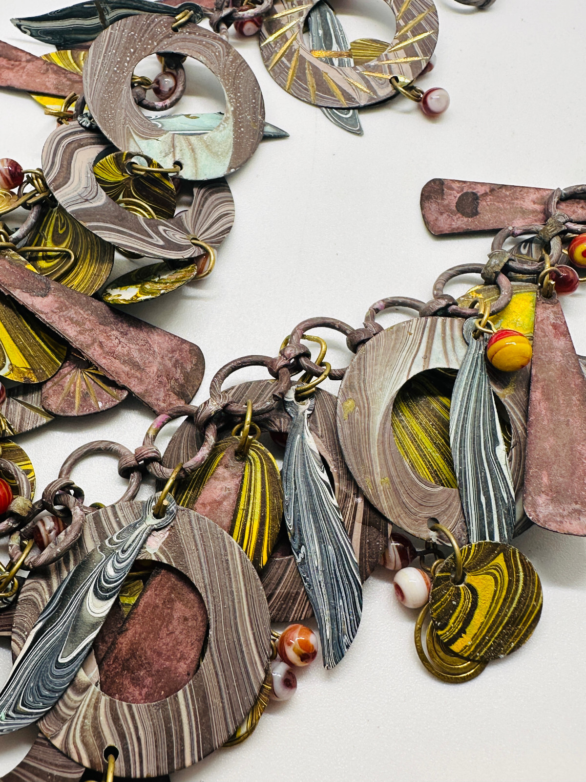 Vtg 1980s Fab Enamel Artisan Layered Metal Dangle Purple Pink Red Necklace