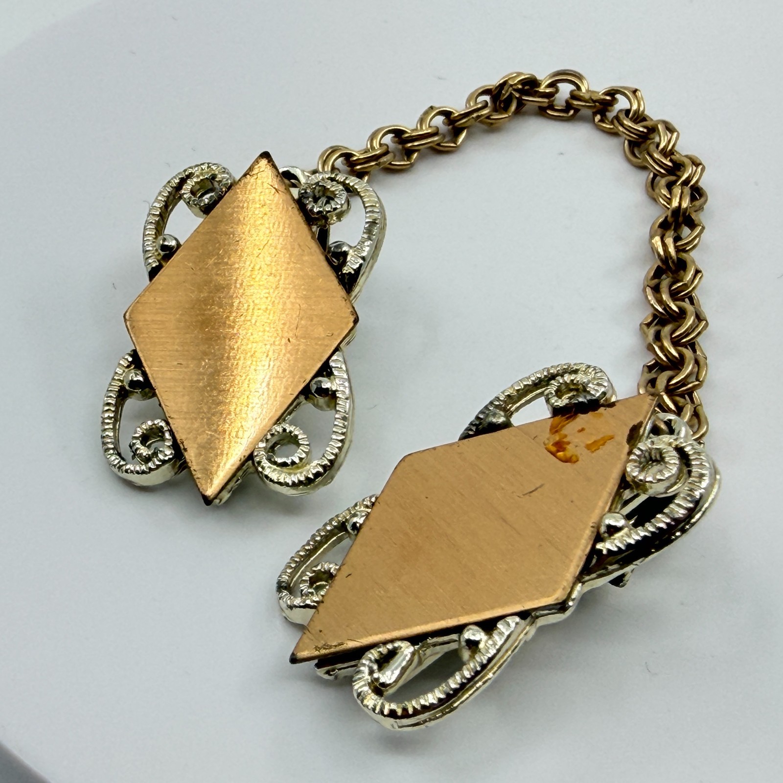 Vintage Mid-Century Two Tone Geometric Lozenge Sweater Guard Cardigan Clip Chain