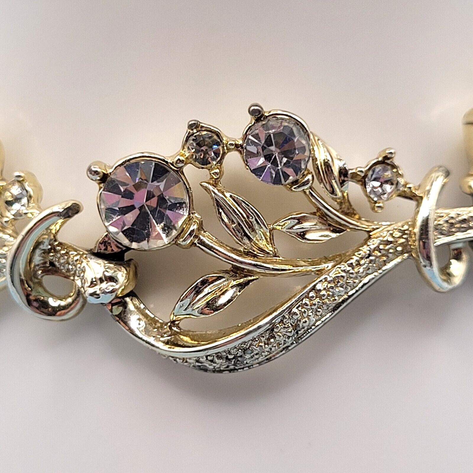 CORO 1960s Clear Rhinestone Bracelet Flower Theme Missing One Small Stone 7 Inch