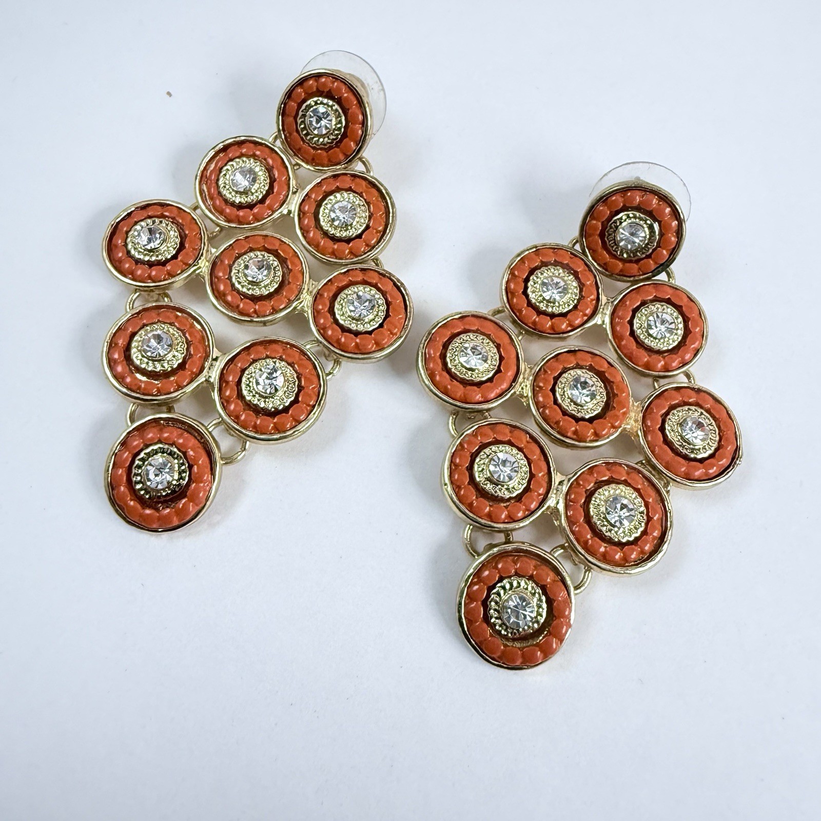 Vintage 90s to More Modern Rhinestone & Orange Circle Gold Tone Pierced Earrings