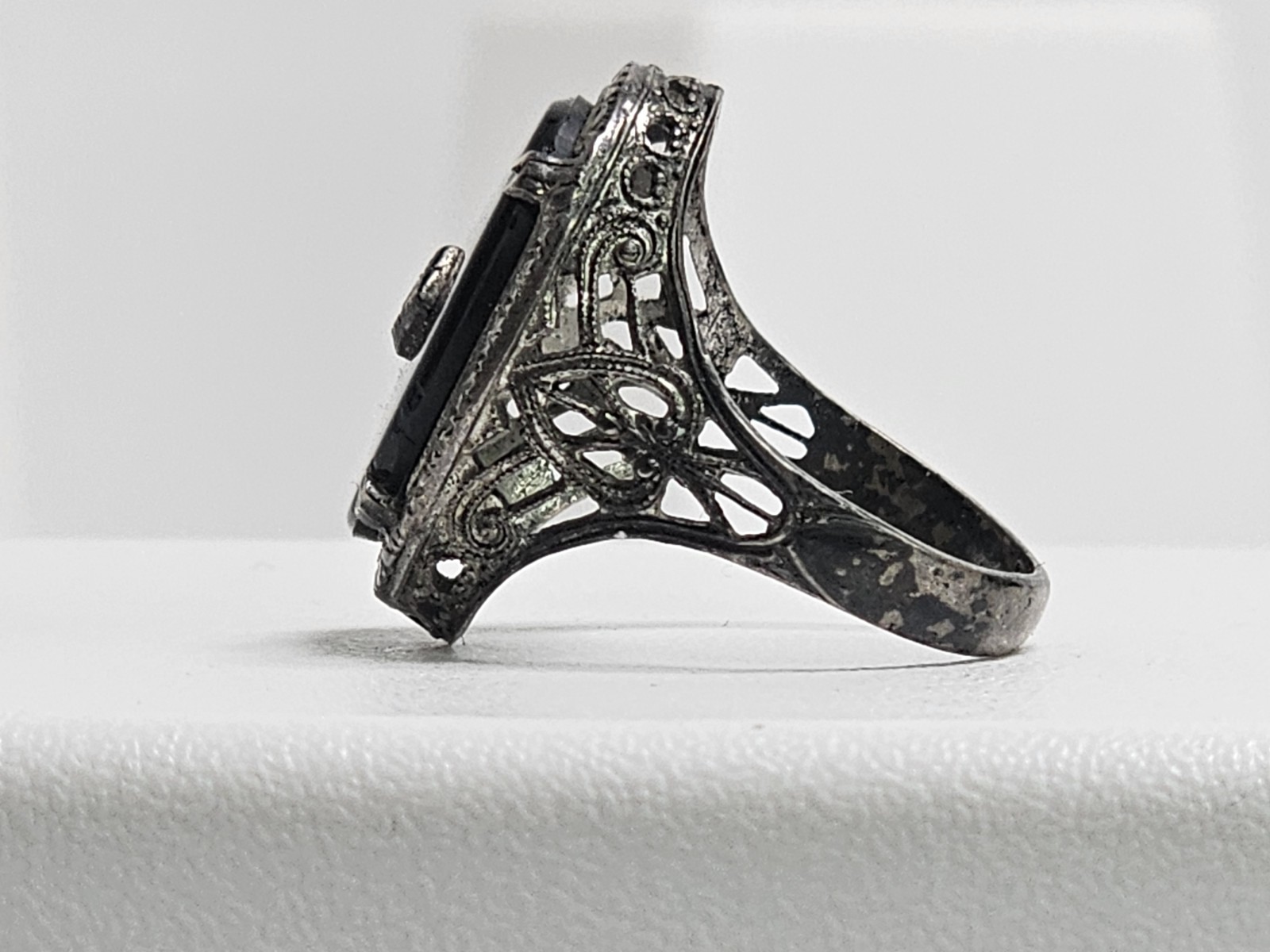 Antique Sterling Onyx & Rough Diamond Filigree Ring Sz 6 (Loose Stone/Onyx)