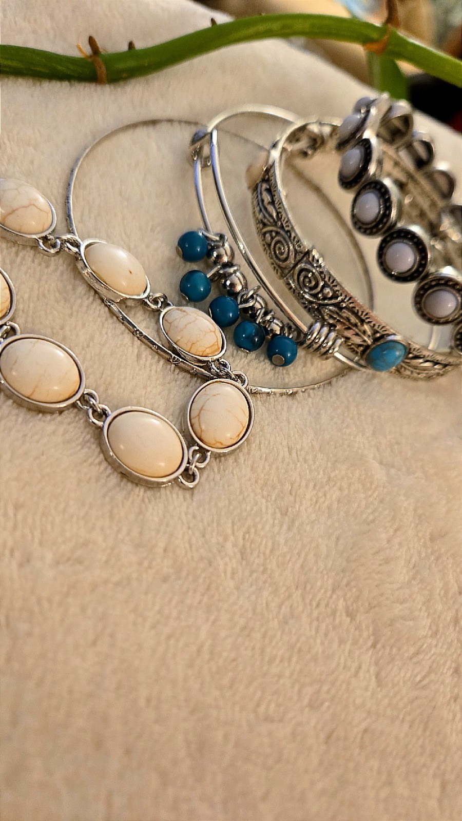 Lot Silver Tone Bracelets & Bangles with White, Turquoise Stones western boho