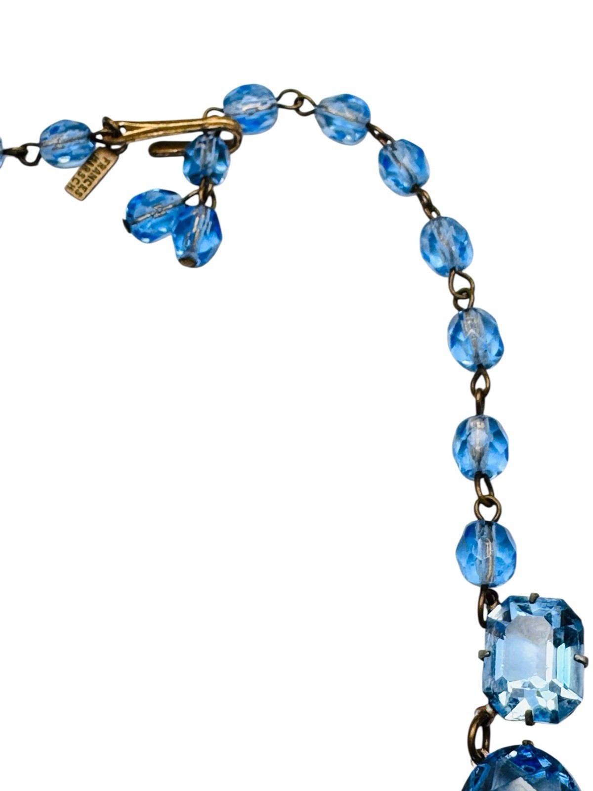 Vintage Blue Glass Rhinestone Necklace Signed Frances Hirsch Beautiful 16″