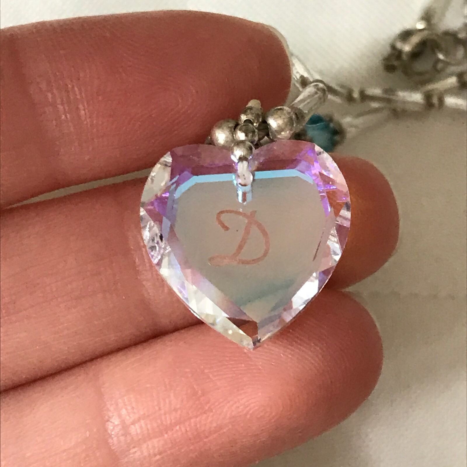 Vintage 925 Sterling Silver Multicolor Bead AB Crystal Letter D Heart Necklace