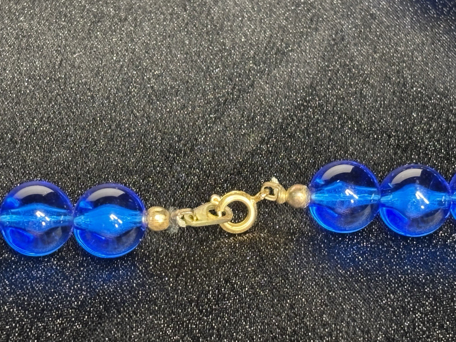 Vintage Blue Lucite Bicone Round Bead Necklace 23” Brass Spacers MCM