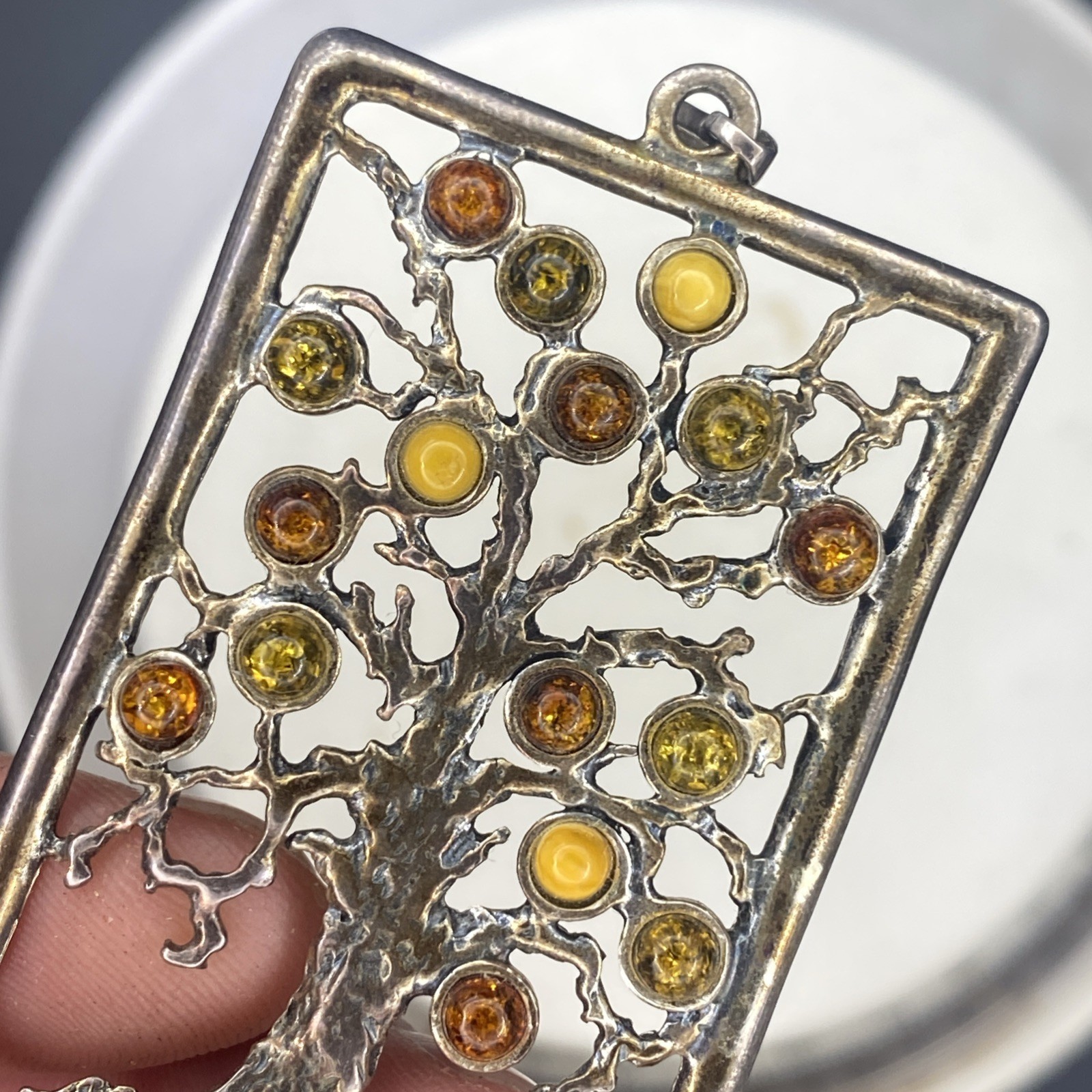 Large 2.5” 925 Sterling Silver Genuine Baltic Amber Tree of Life Pendant Vintage