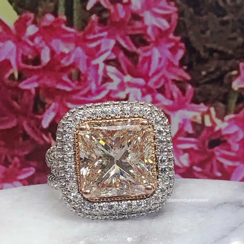 14K White Gold Finish Halo Ring 5Ct Princess Cut Champagne Moissanite Diamond