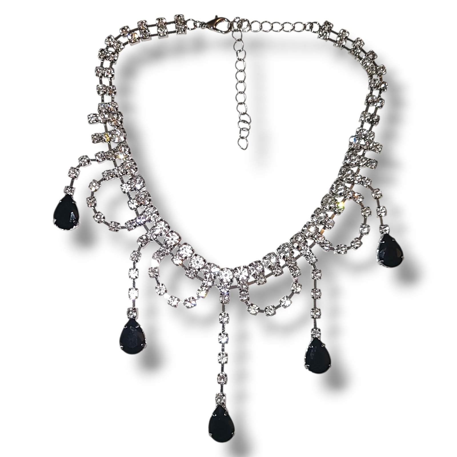 Vintage Black Rhinestone Festoon Choker Necklace Silver Tone Goth Prom 16″