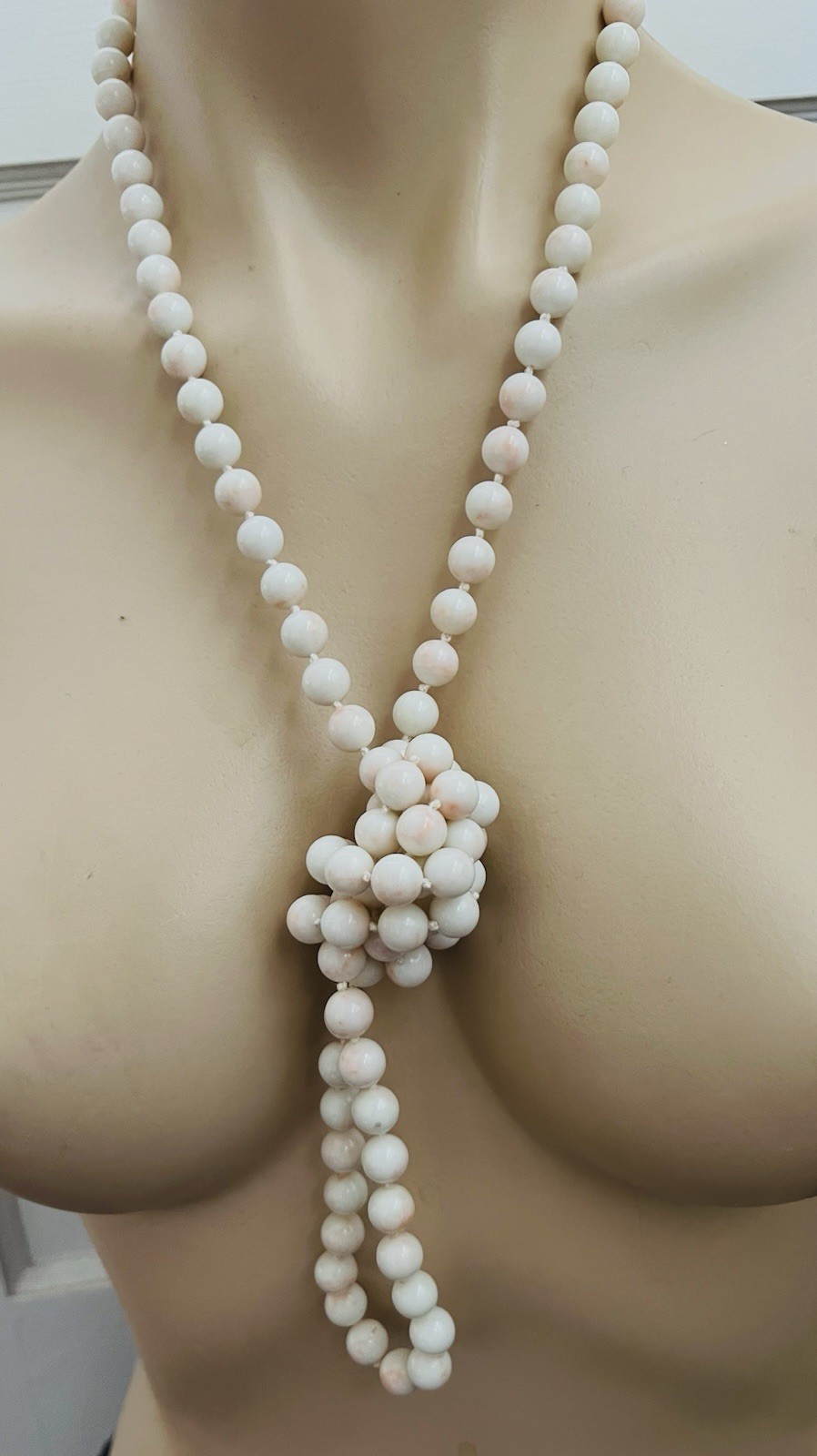 Vintage William De Lillo Faux Angel Skin Coral Knotted Bead 49 In Long Necklace