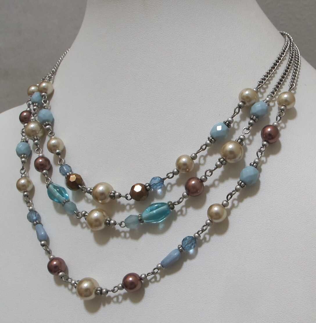 Vtg PREMIER DESIGNS 3-Strand White & Brown Faux Pearls Aqua Beads Necklace
