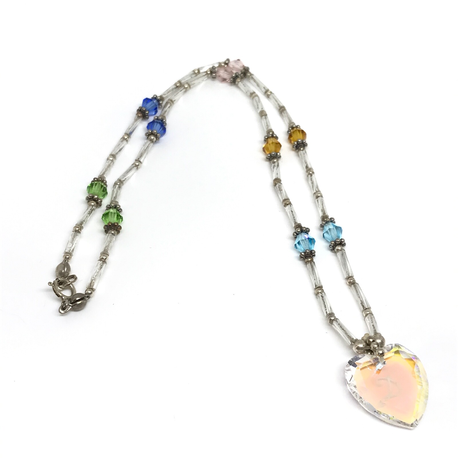 Vintage 925 Sterling Silver Multicolor Bead AB Crystal Letter D Heart Necklace