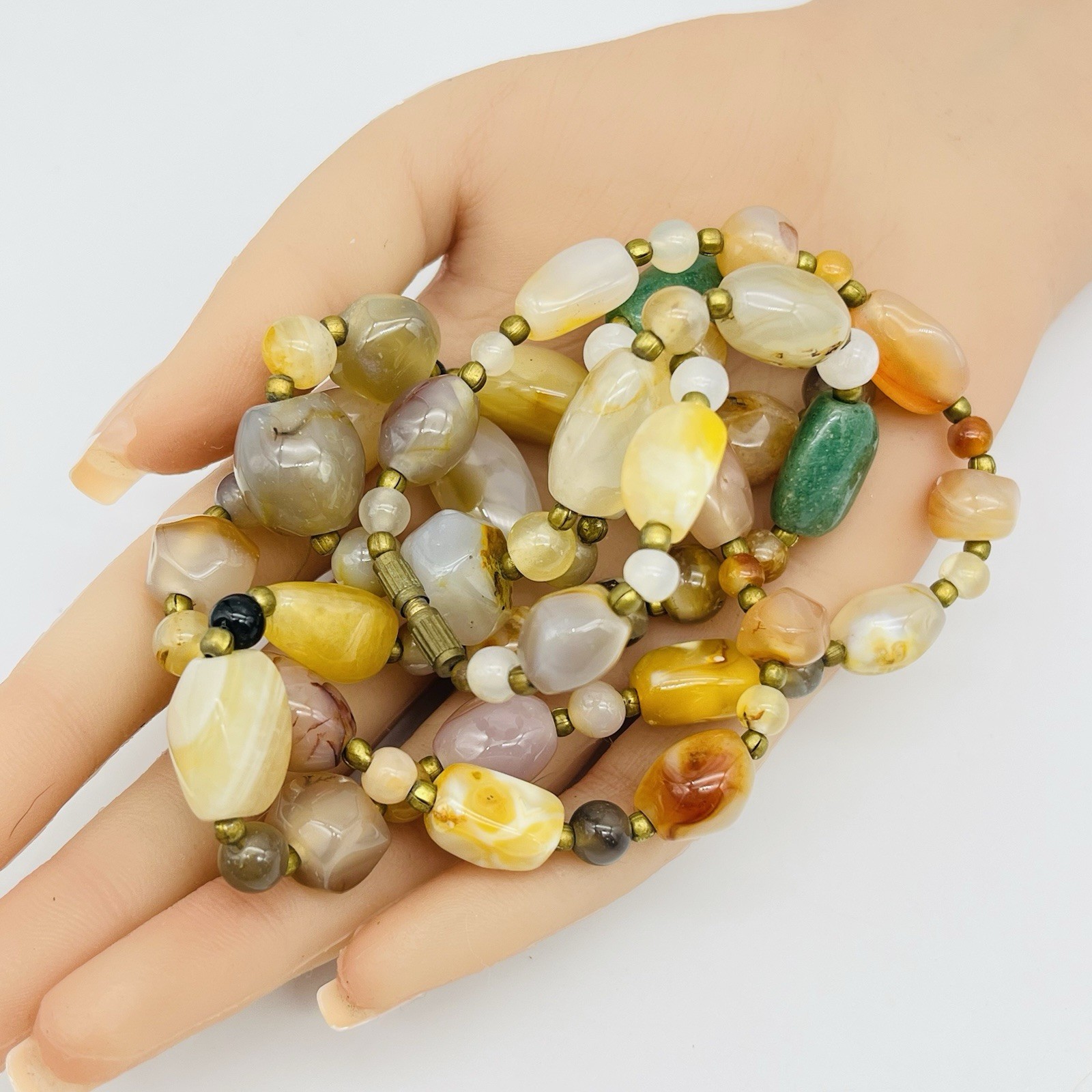 Vintage Beggar Bead Necklace Multicolor Agate Stone Boho Layering Strand 32″