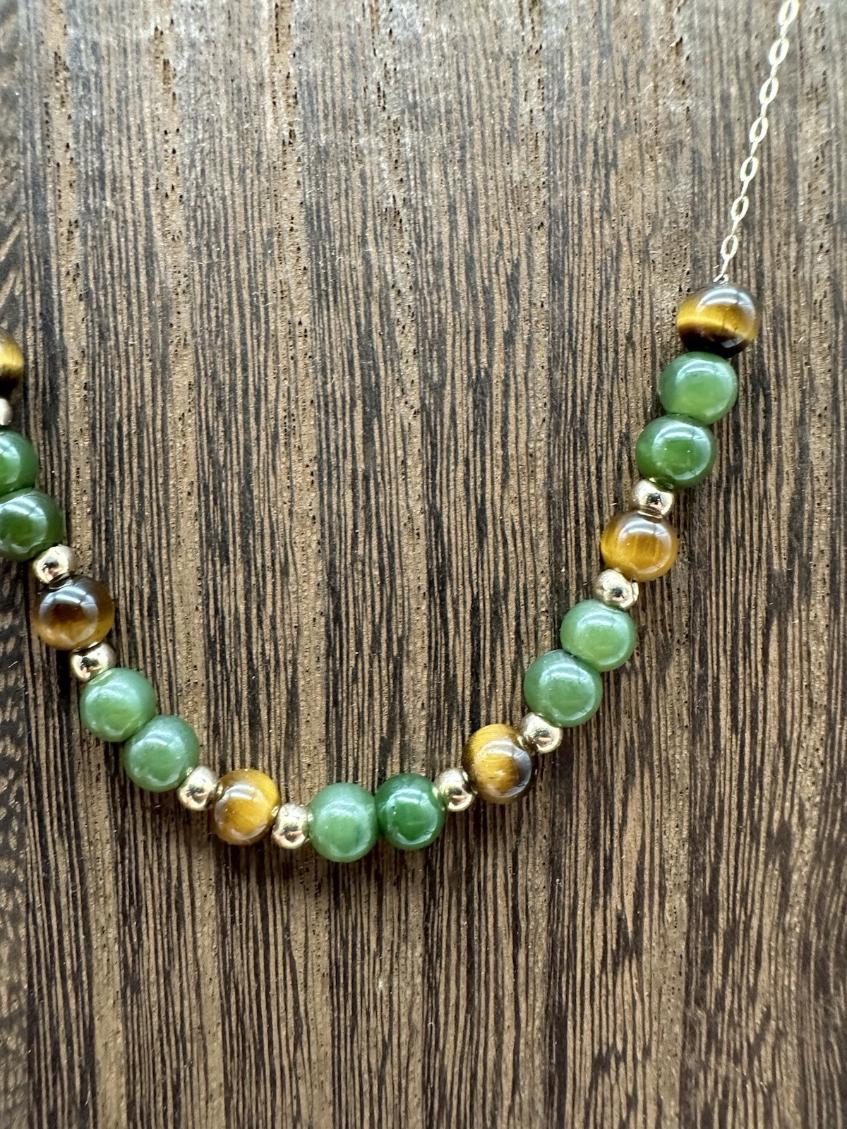 Vintage 14K Yellow Gold 1980’s Add A Bead Necklace Threader Chain Jade Tiger Eye
