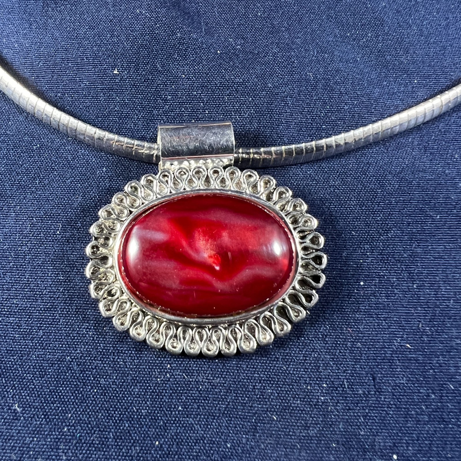 Vintage Silver Tone Necklace & Clip-On Earrings Set With Red Marbled Cabochon Ac