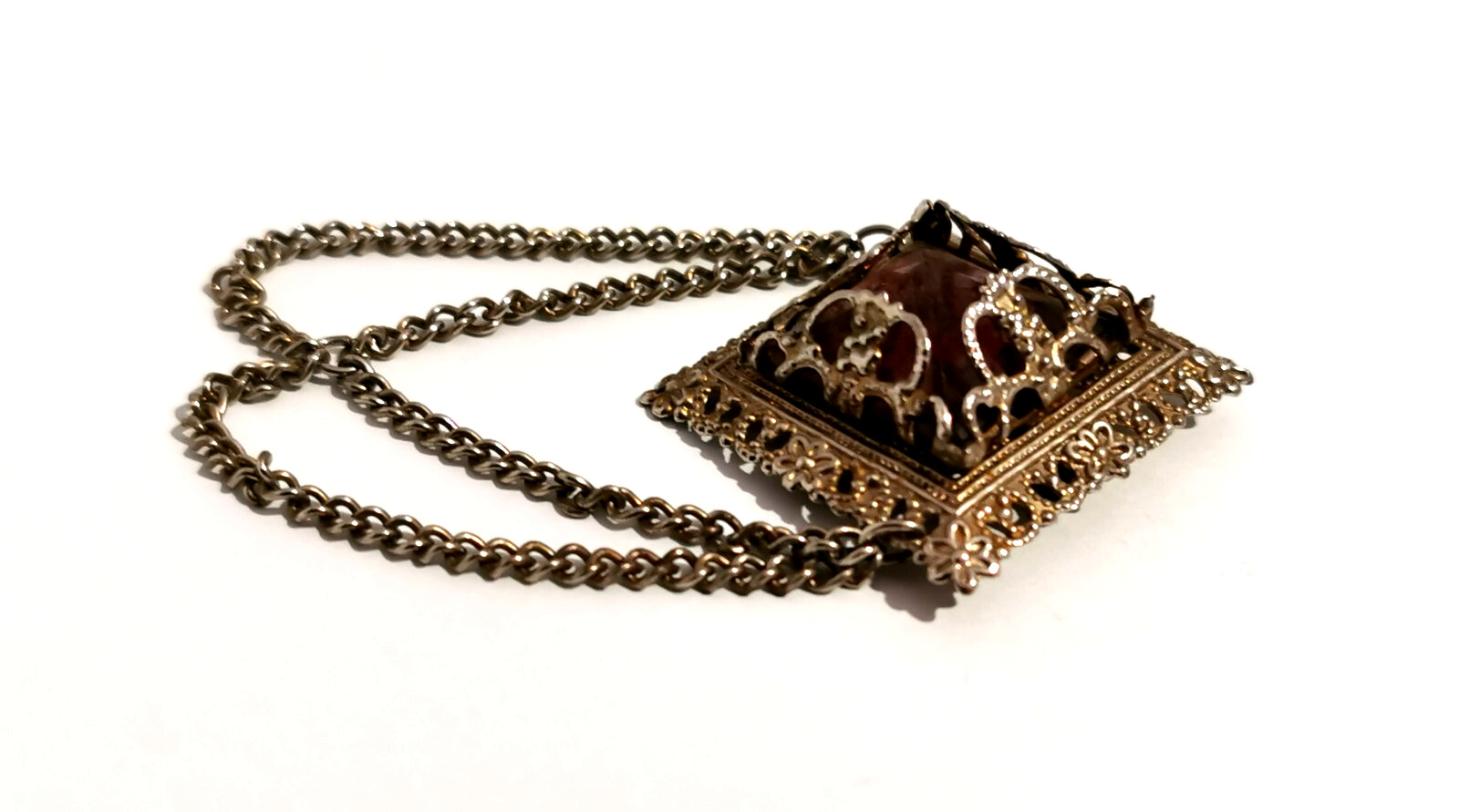 Vintage Czech Pink Glass Brooch Ornamented Brass Chain Pendants Decorated 70s