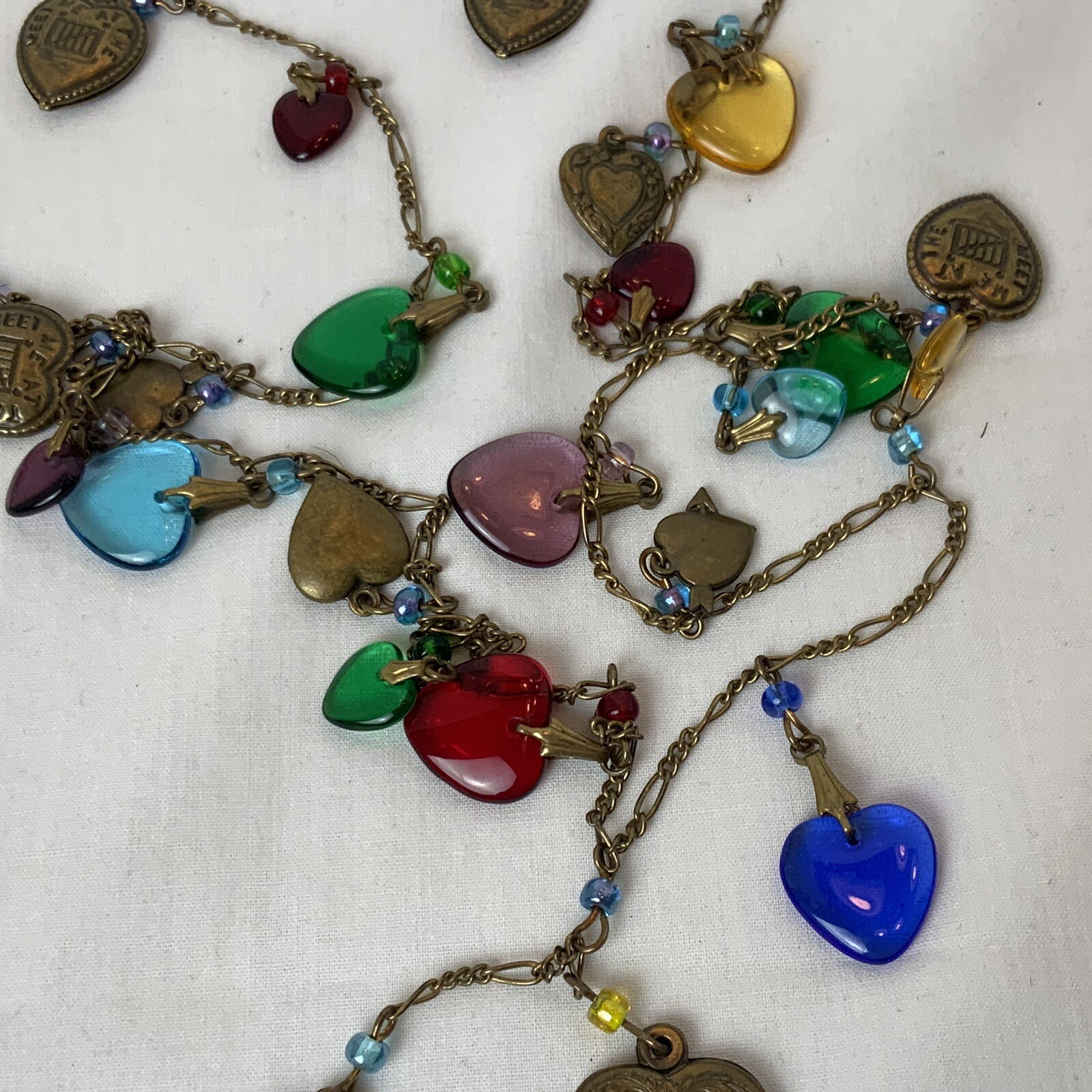 VTG Glass Works Studio G.W.S Signed Multi Color Glass Hearts Charm Long Necklace