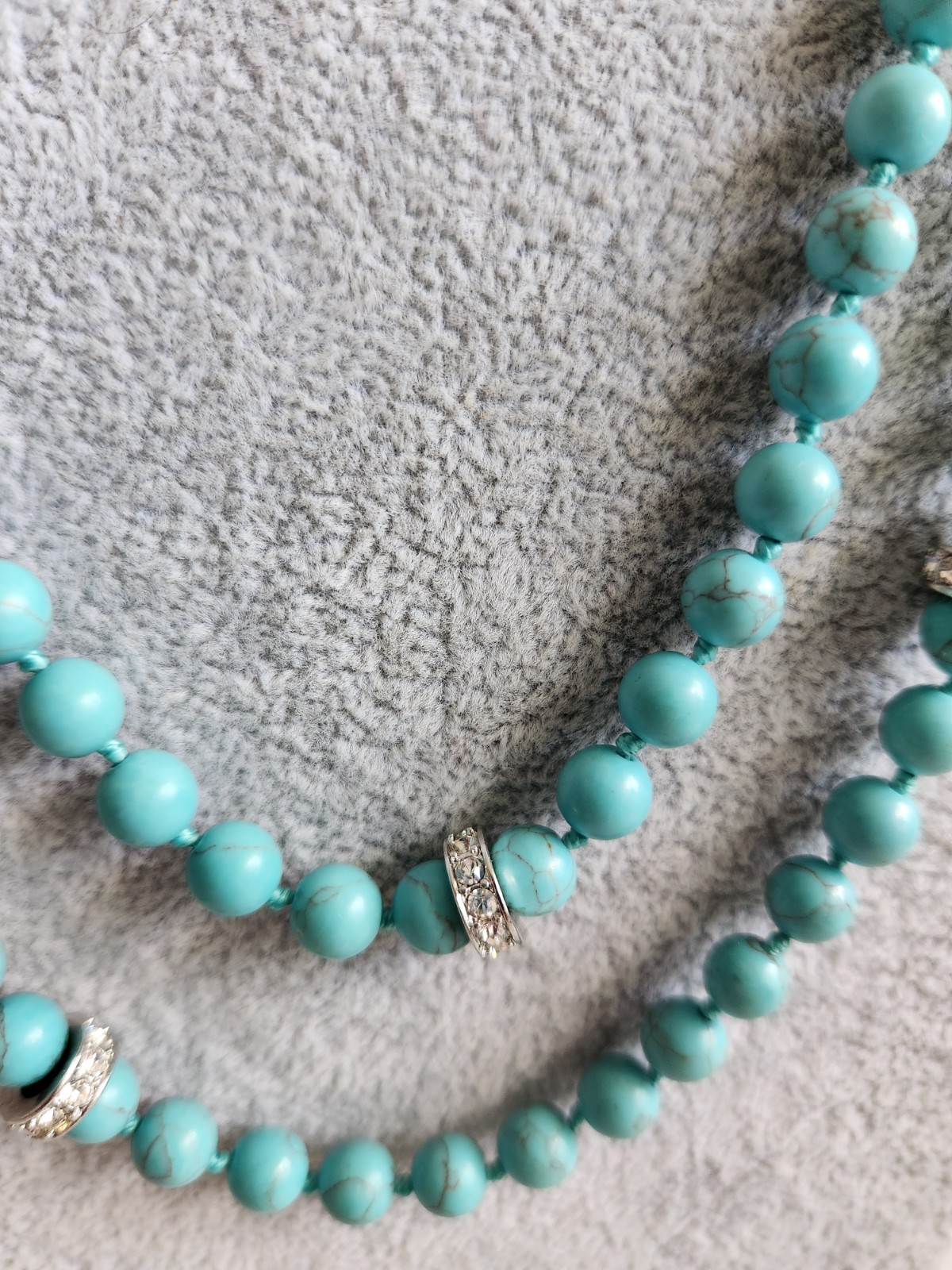 Vintage Genuine Turquoise Pave Rhines Hand Knot Necklace 50″ Mag Adjust 16 + 34