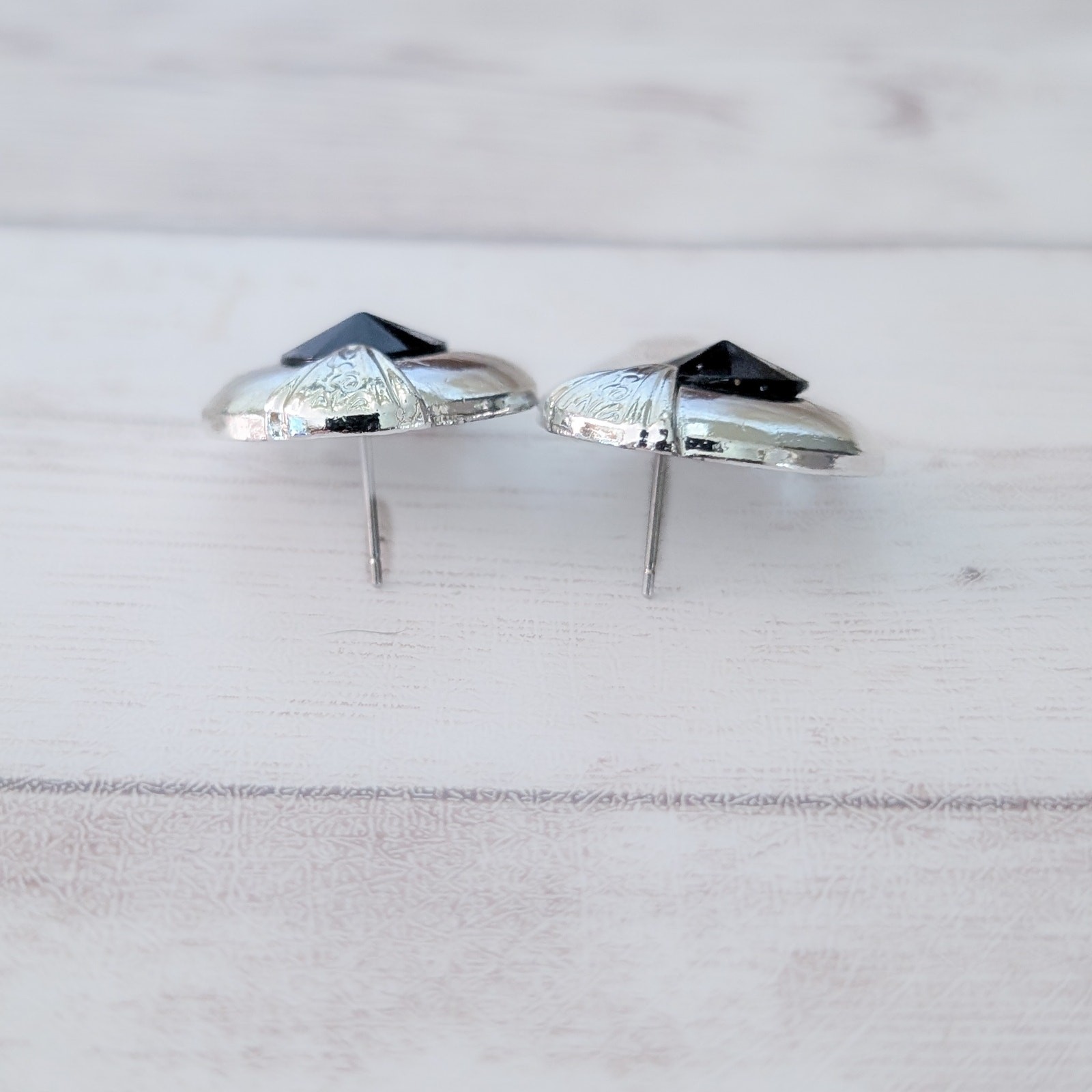 Vintage Stud Earrings Silver Tone with Faceted Black Gem