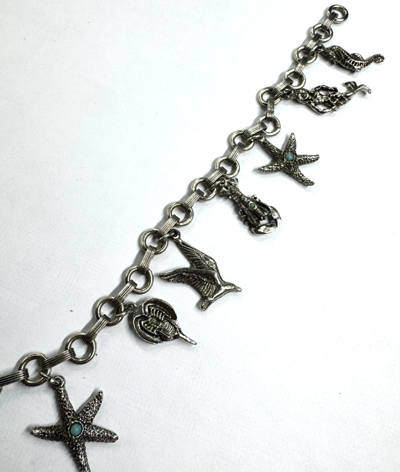 Vintage Silver Metal NOT STERLING Sealife Sea Nautical Lobster Charm Bracelet